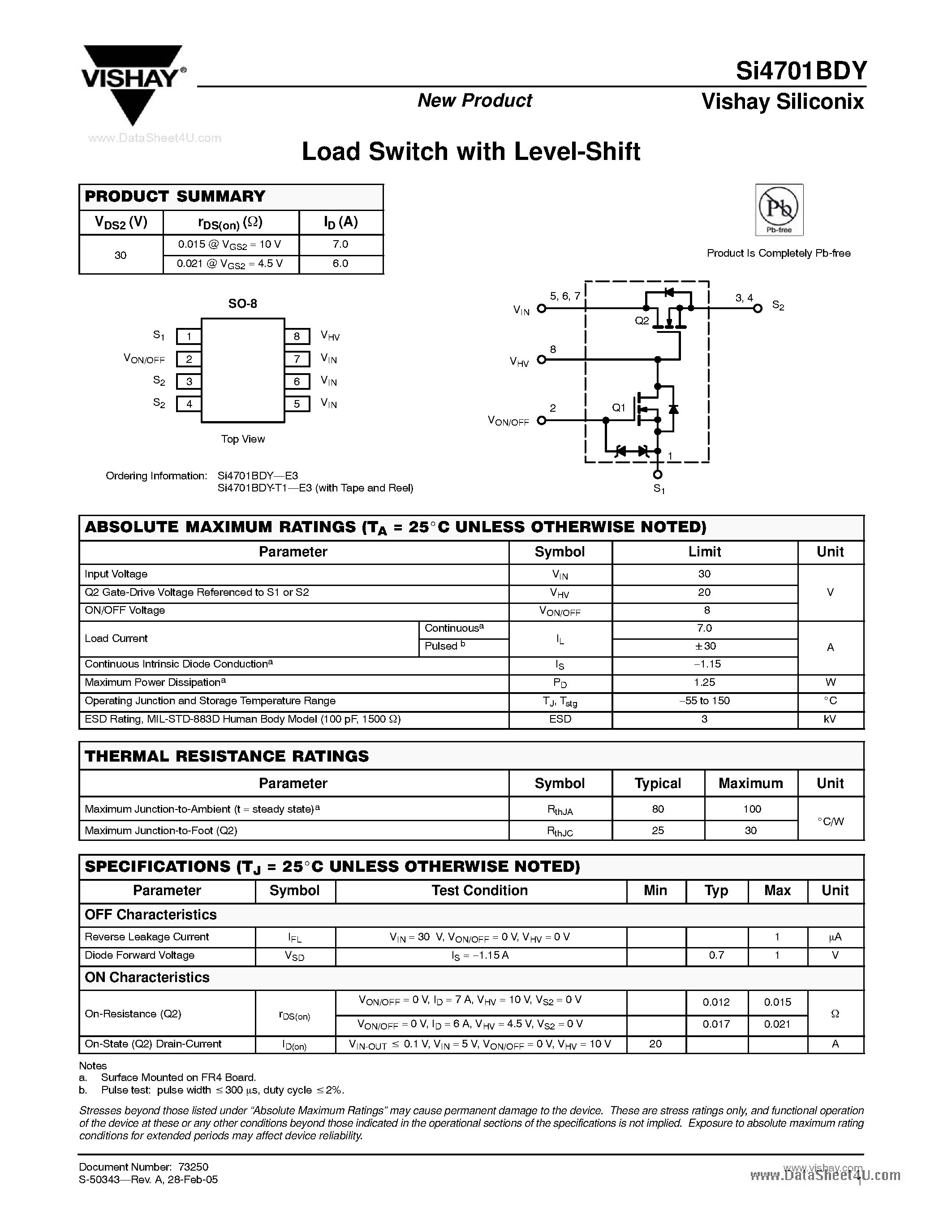 Datasheet SI4701BDY page 1 Datasheet SI4701BDY - Load Switch page 1