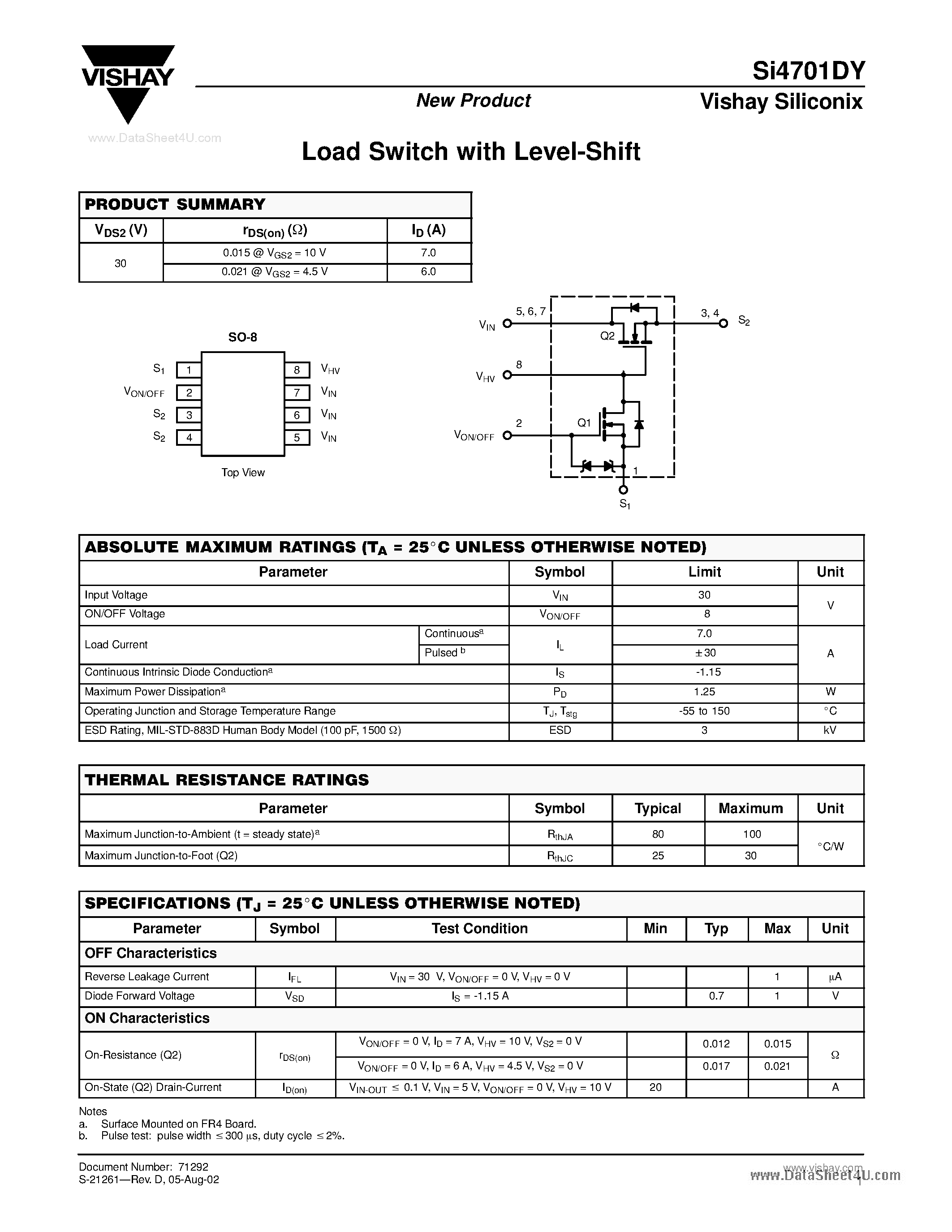 Datasheet SI4701DY page 1 Datasheet SI4701DY - Load Switch page 1