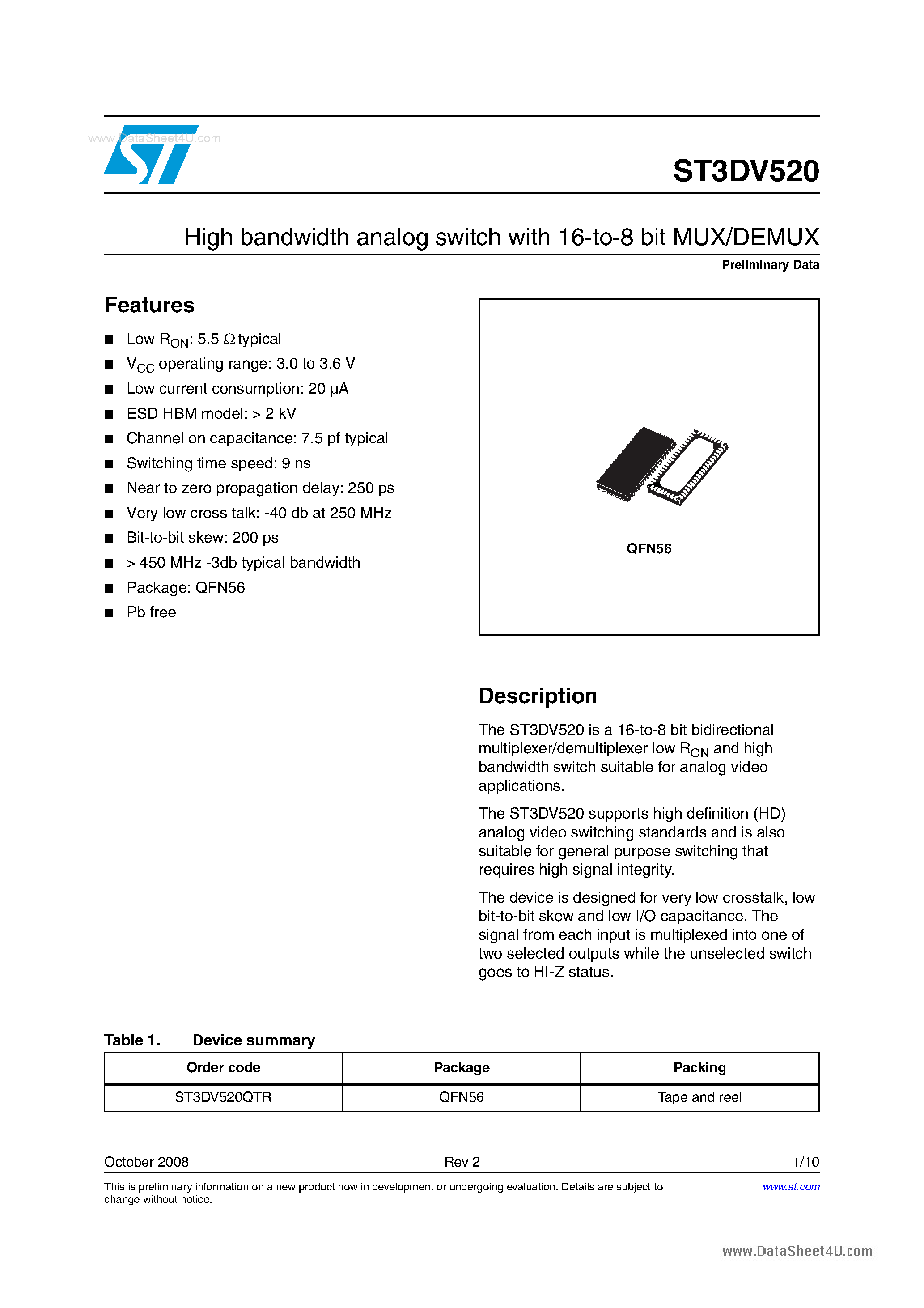 Datasheet ST3DV520 page 1 Datasheet ST3DV520 - Datasheet High bandwidth analog switch page 1