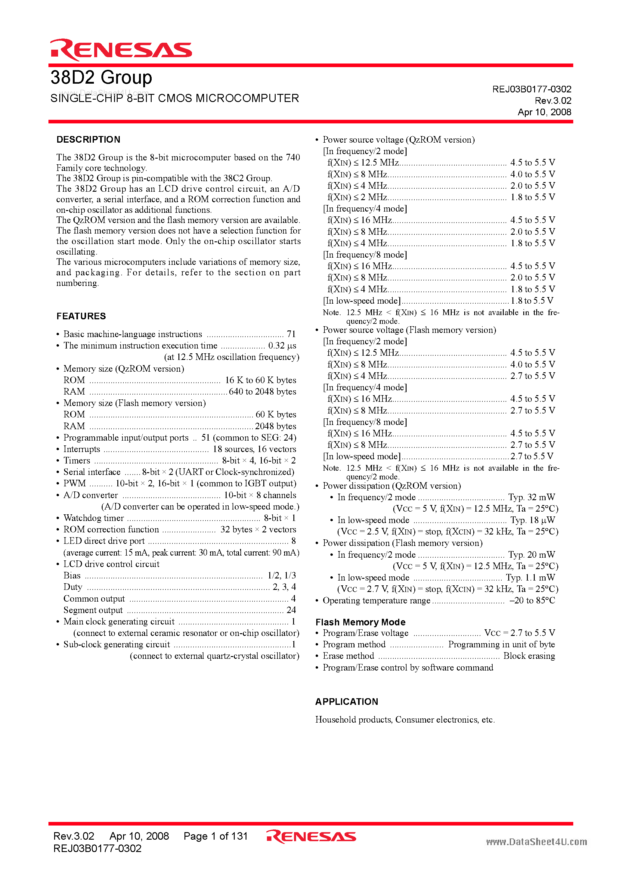 Datasheet M38D2 page 1 Datasheet M38D2 - SINGLE-CHIP 8-BIT CMOS MICROCOMPUTER page 1