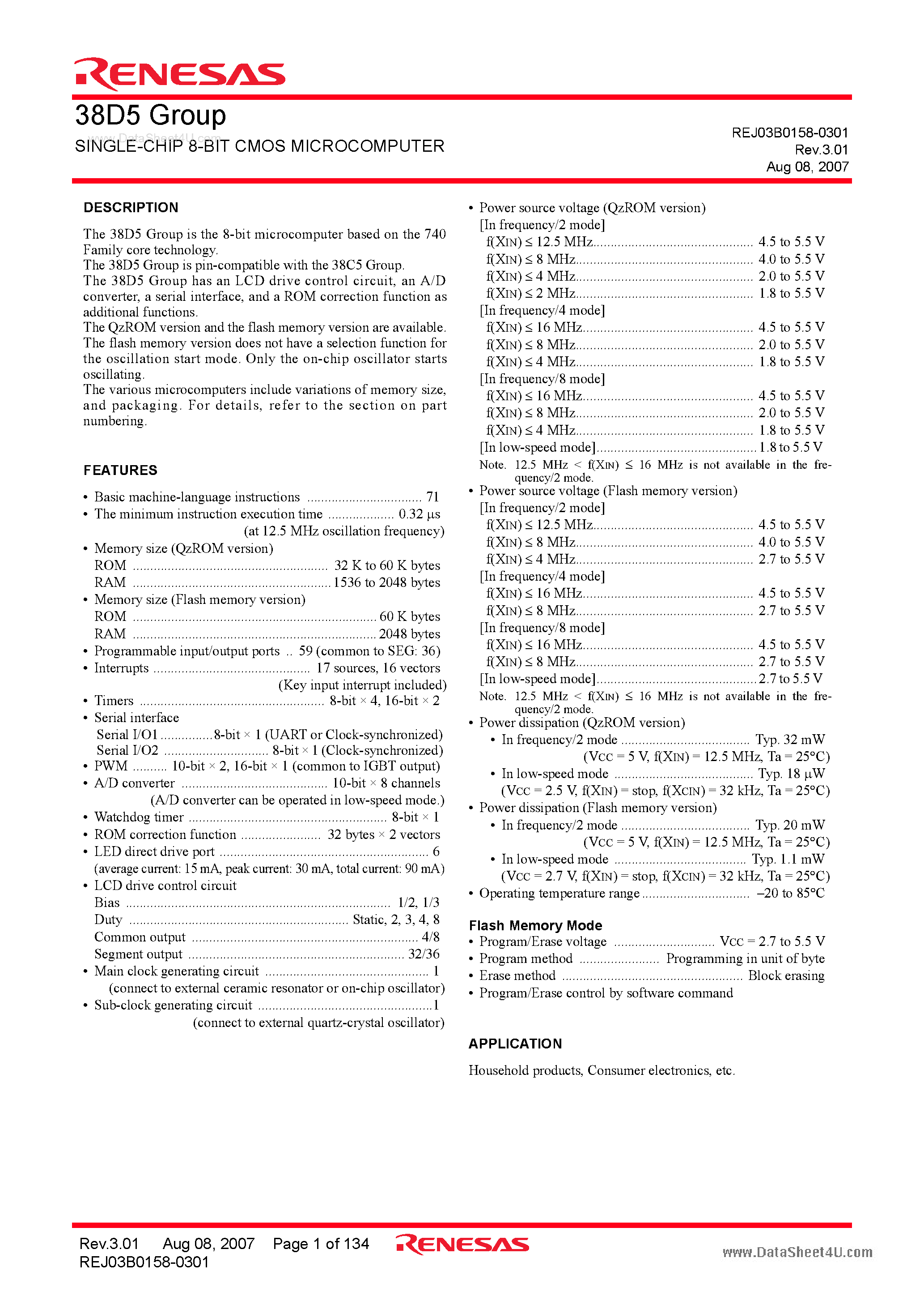 Datasheet M38D5 page 1 Datasheet M38D5 - SINGLE-CHIP 8-BIT CMOS MICROCOMPUTER page 1