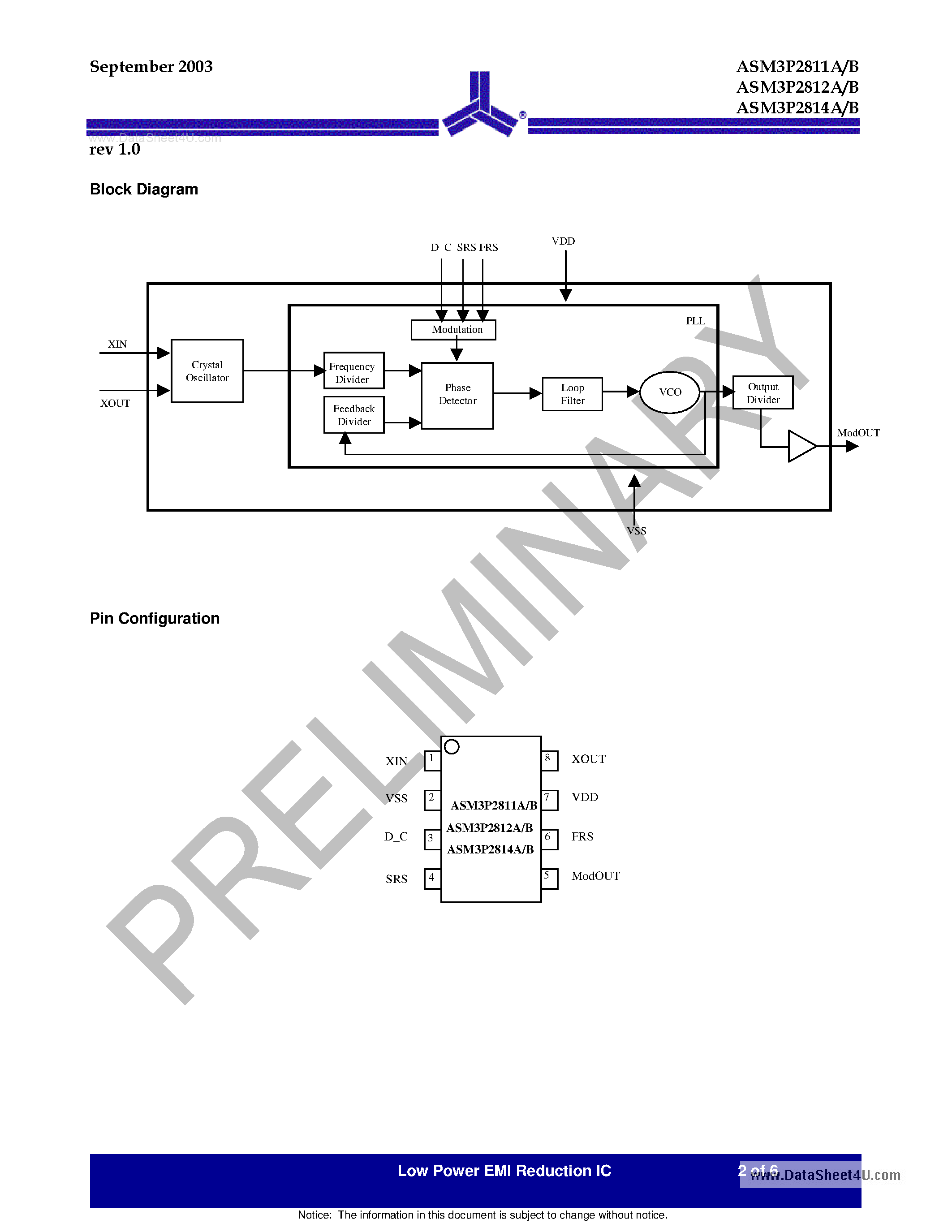 Datasheet ASM3P2811A page 2 Datasheet ASM3P2811A - (ASM3P281xA/B) Low Power EMI Reduction IC page 2