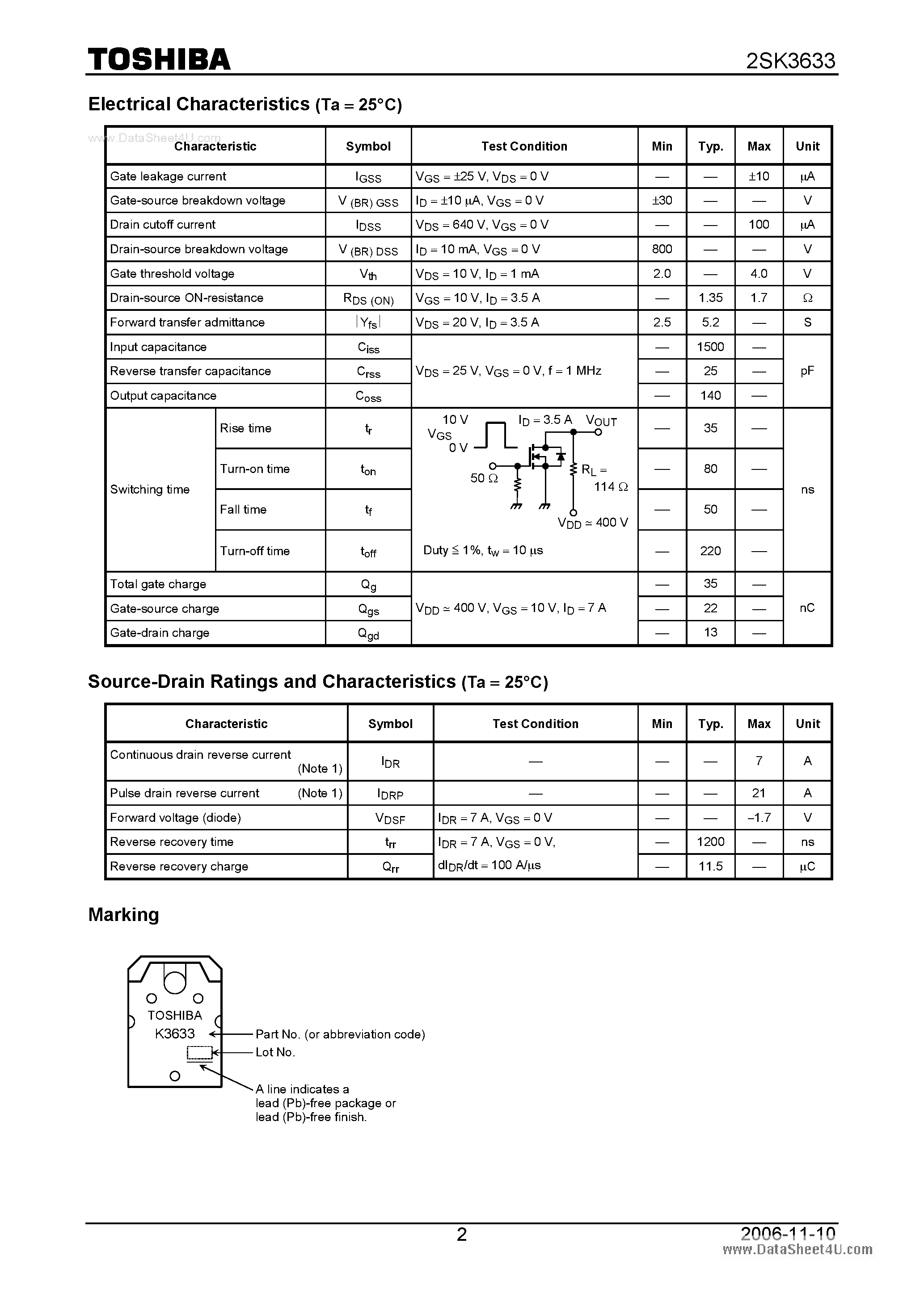 Datasheet 2SK3633 - Silicon N-Channel MOS Type Switching Regulator Applications page 2