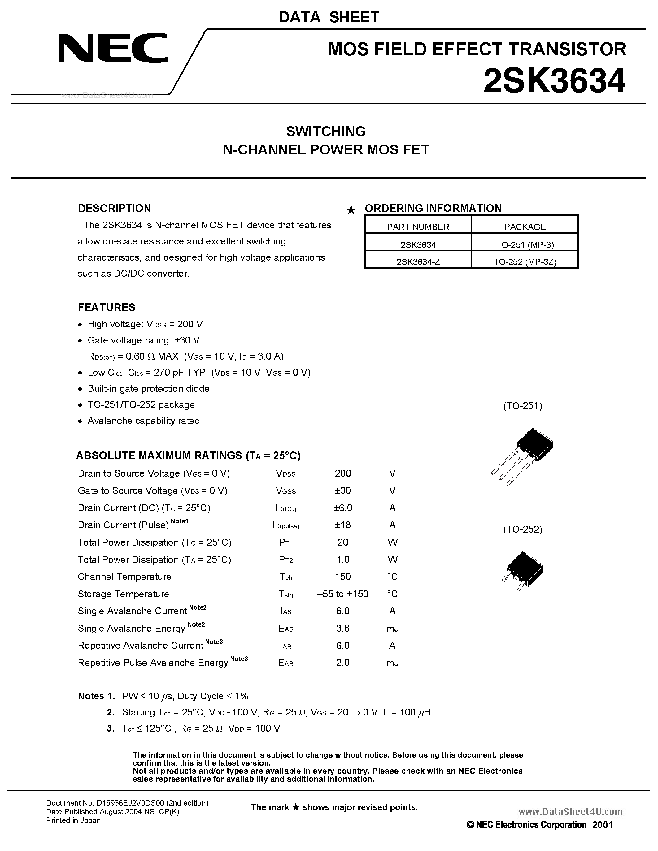 Datasheet 2SK3634 - SWITCHING N-CHANNEL POWER MOSFET page 1