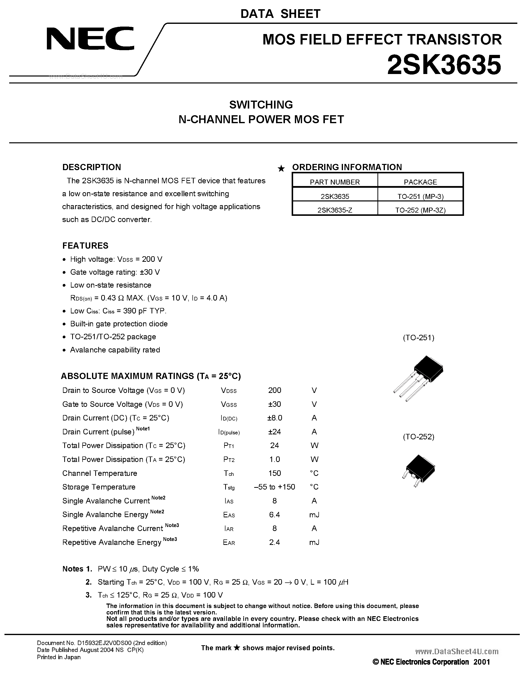 Datasheet 2SK3635 - SWITCHING N-CHANNEL POWER MOSFET page 1