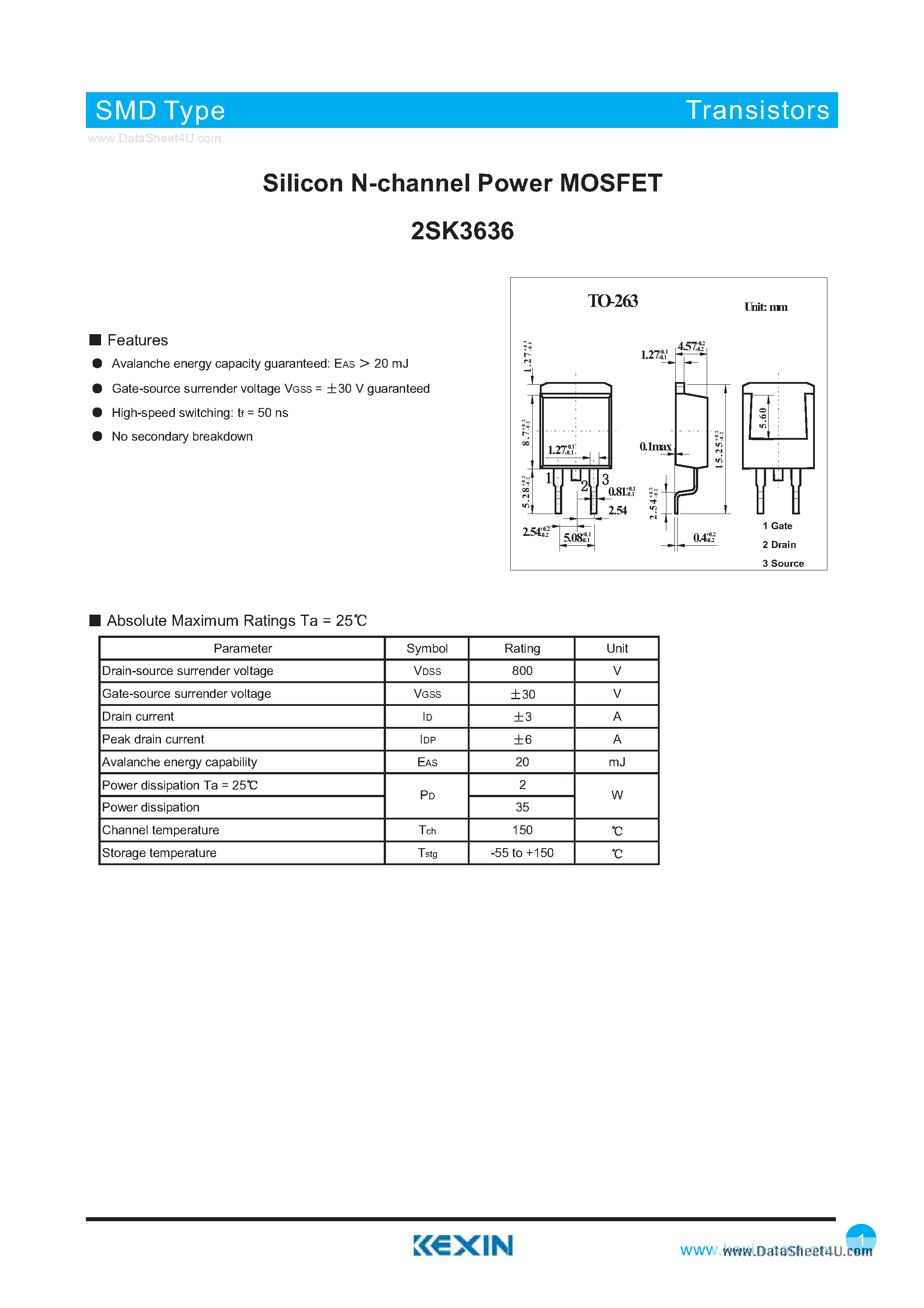Datasheet 2SK3636 - Silicon N-channel Power MOSFET page 1