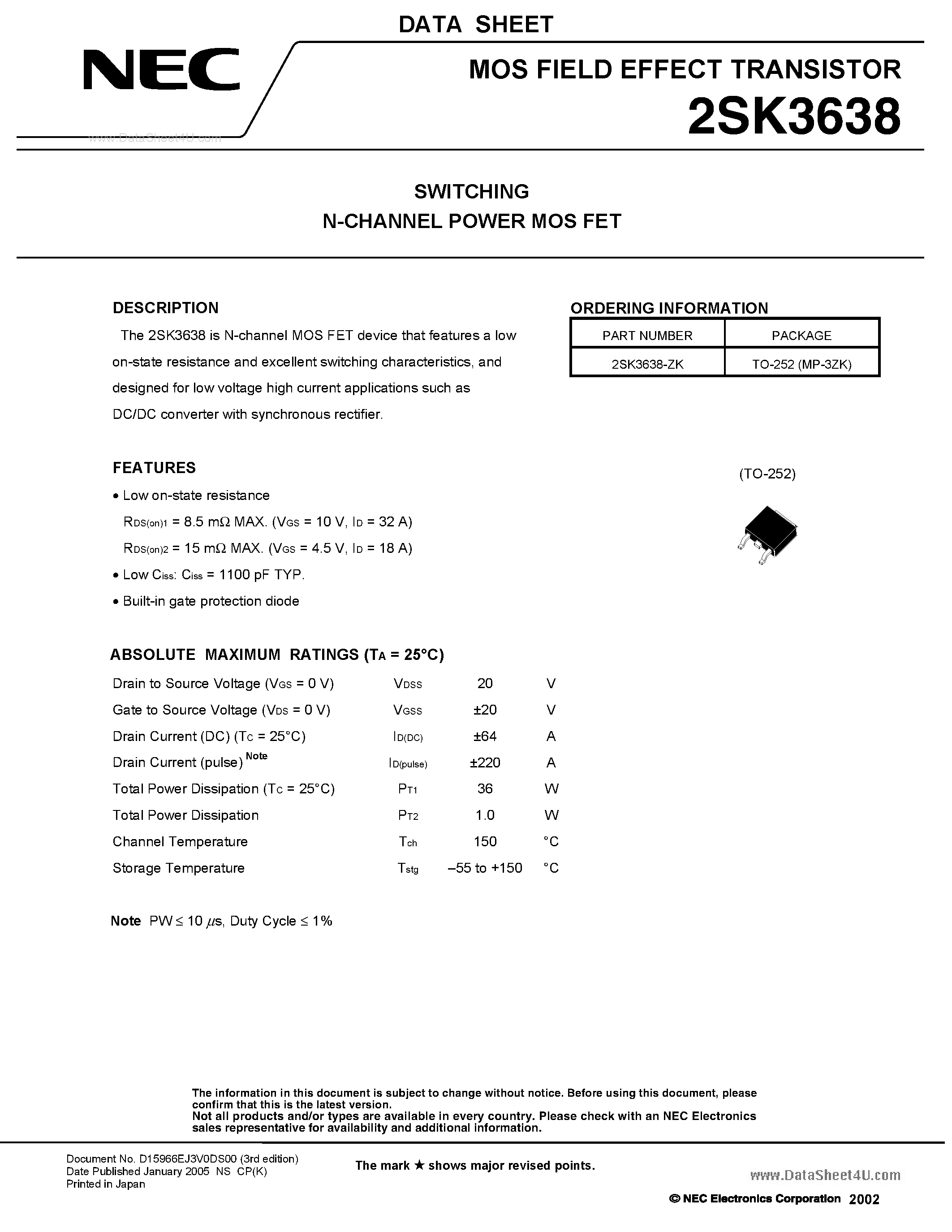 Datasheet 2SK3638 - SWITCHING N-CHANNEL POWER MOSFET page 1