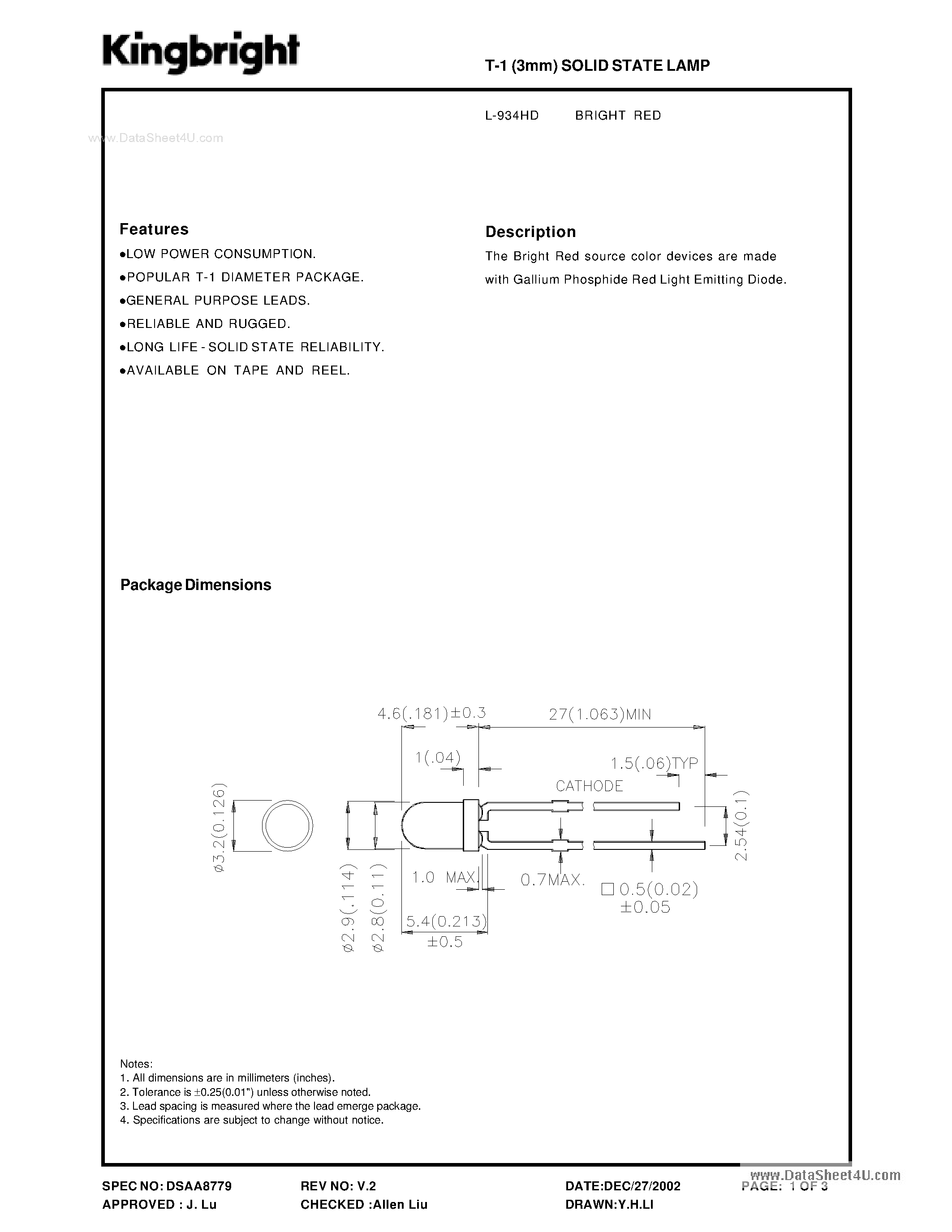 Datasheet L-934HD - Bright RED page 1