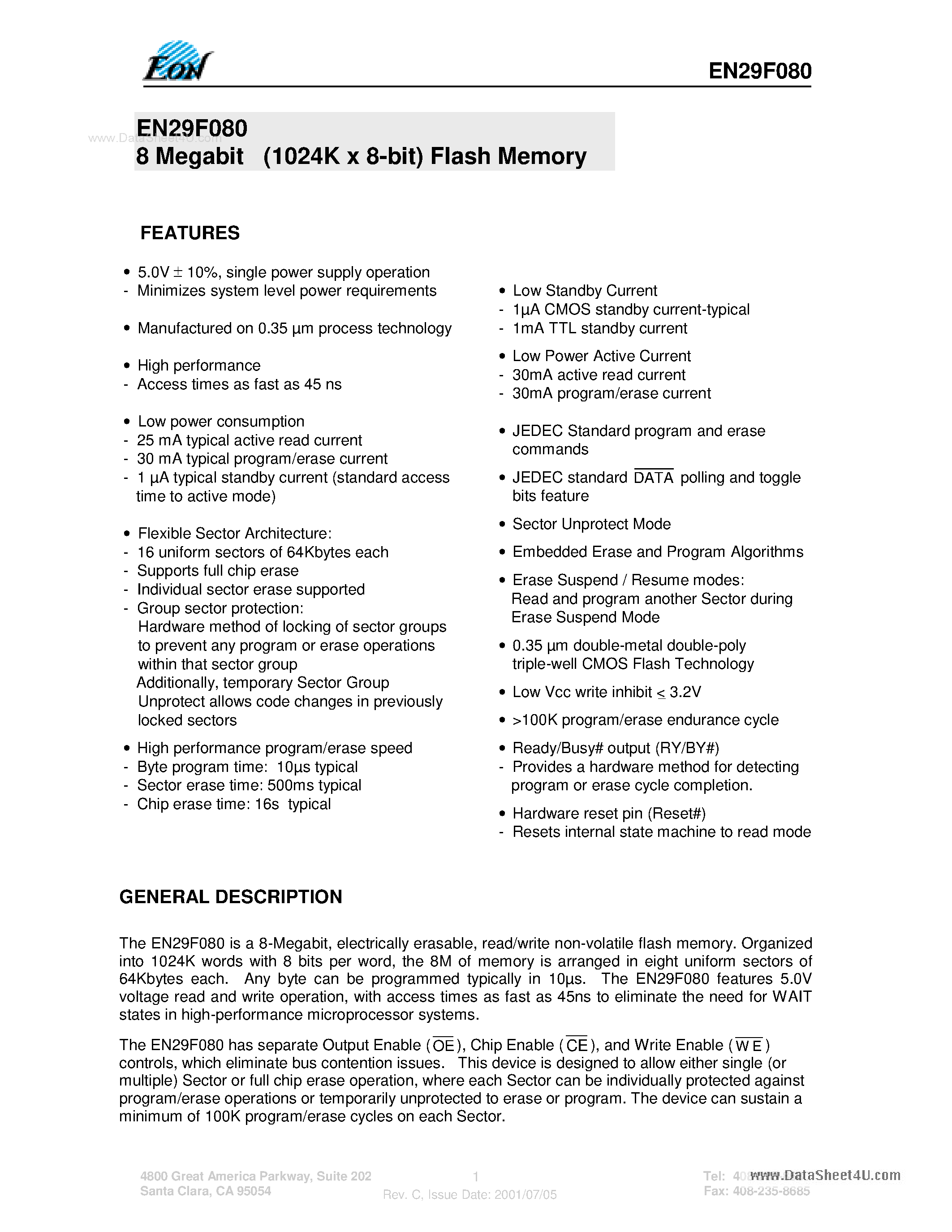 Datasheet EN29F080 - 8 Megabit (1024K x 8-bit) Flash Memory page 1