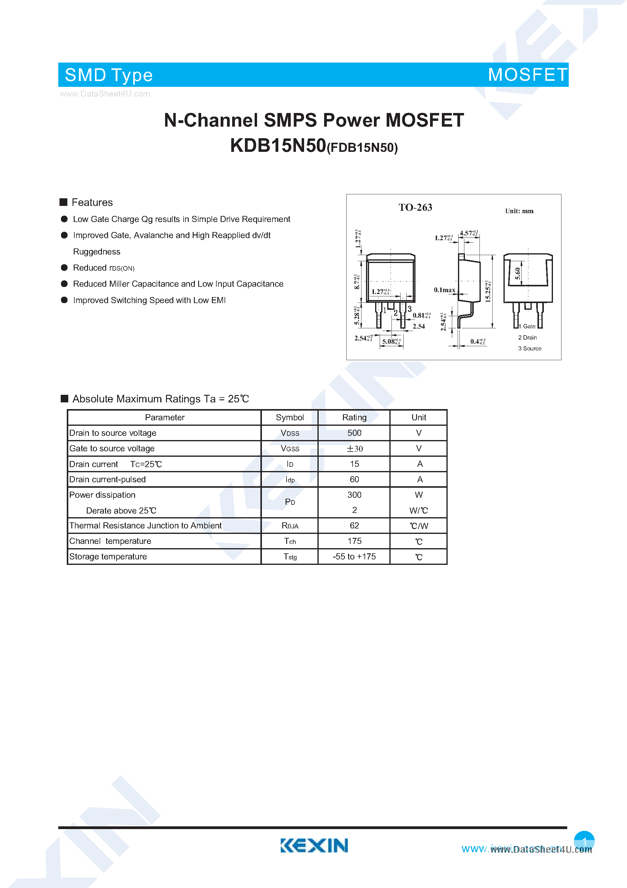 Datasheet FDB15N50 - N-Channel SMPS Power MOSFET page 1