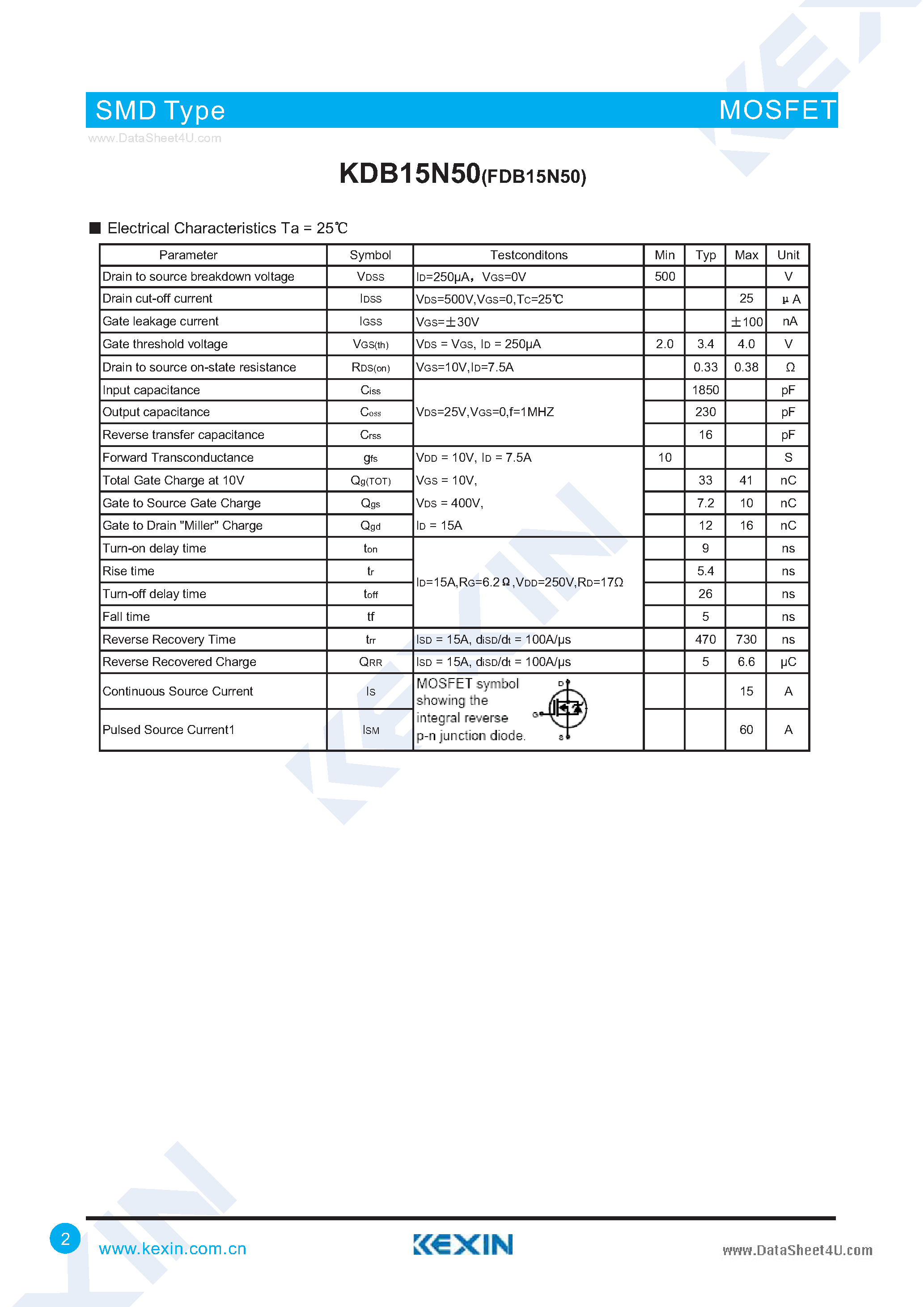 Datasheet FDB15N50 - N-Channel SMPS Power MOSFET page 2