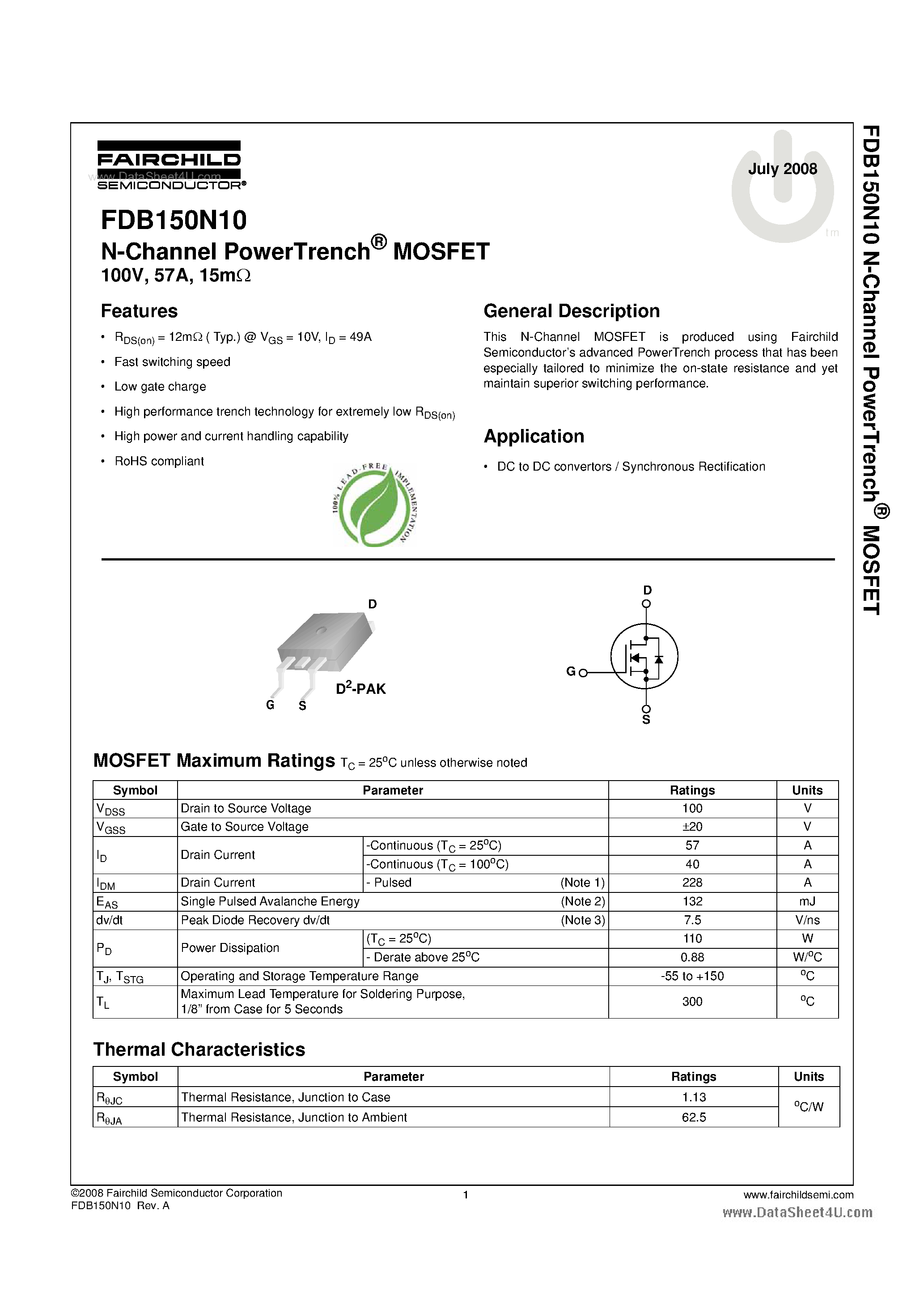 Datasheet FDB150N10 - N-Channel PowerTrench MOSFET page 1