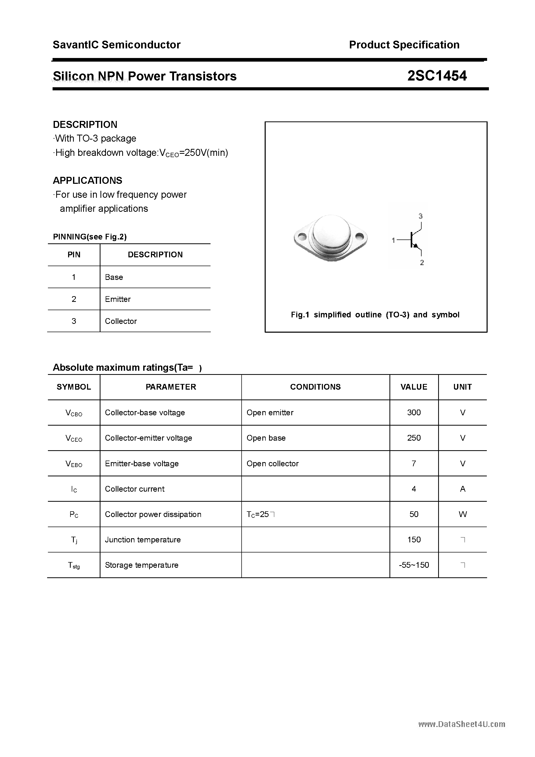 Datasheet 2SC1454 - SILICON POWER TRANSISTOR page 1