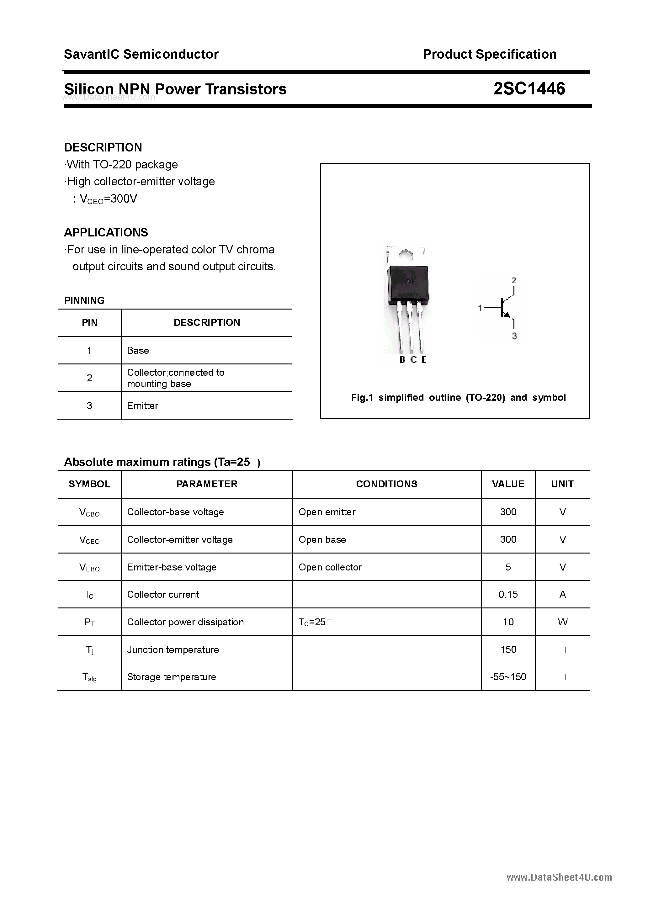 Datasheet 2SC1446 page 1 Datasheet 2SC1446 - SILICON POWER TRANSISTOR page 1