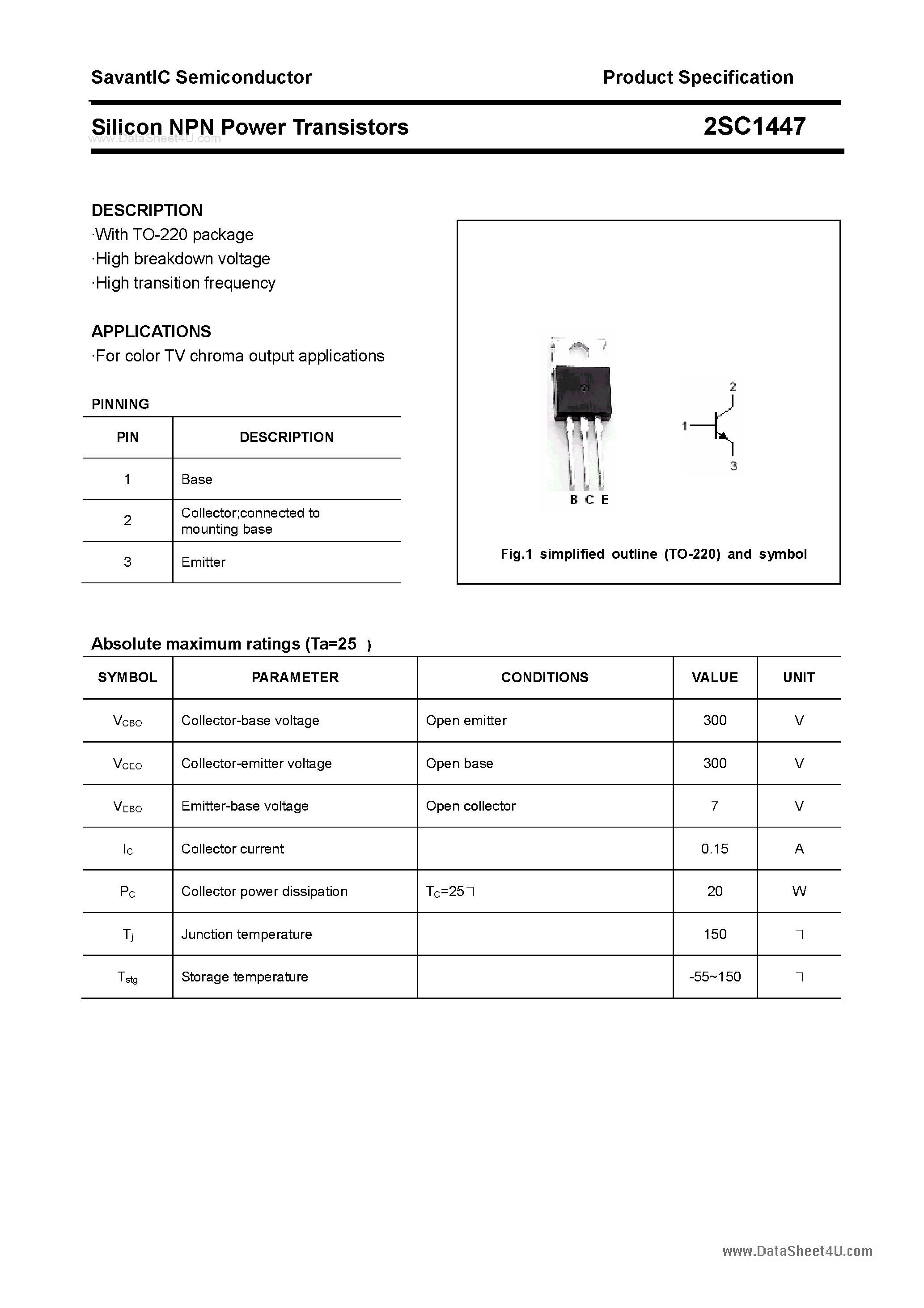 Datasheet 2SC1447 - SILICON POWER TRANSISTOR page 1