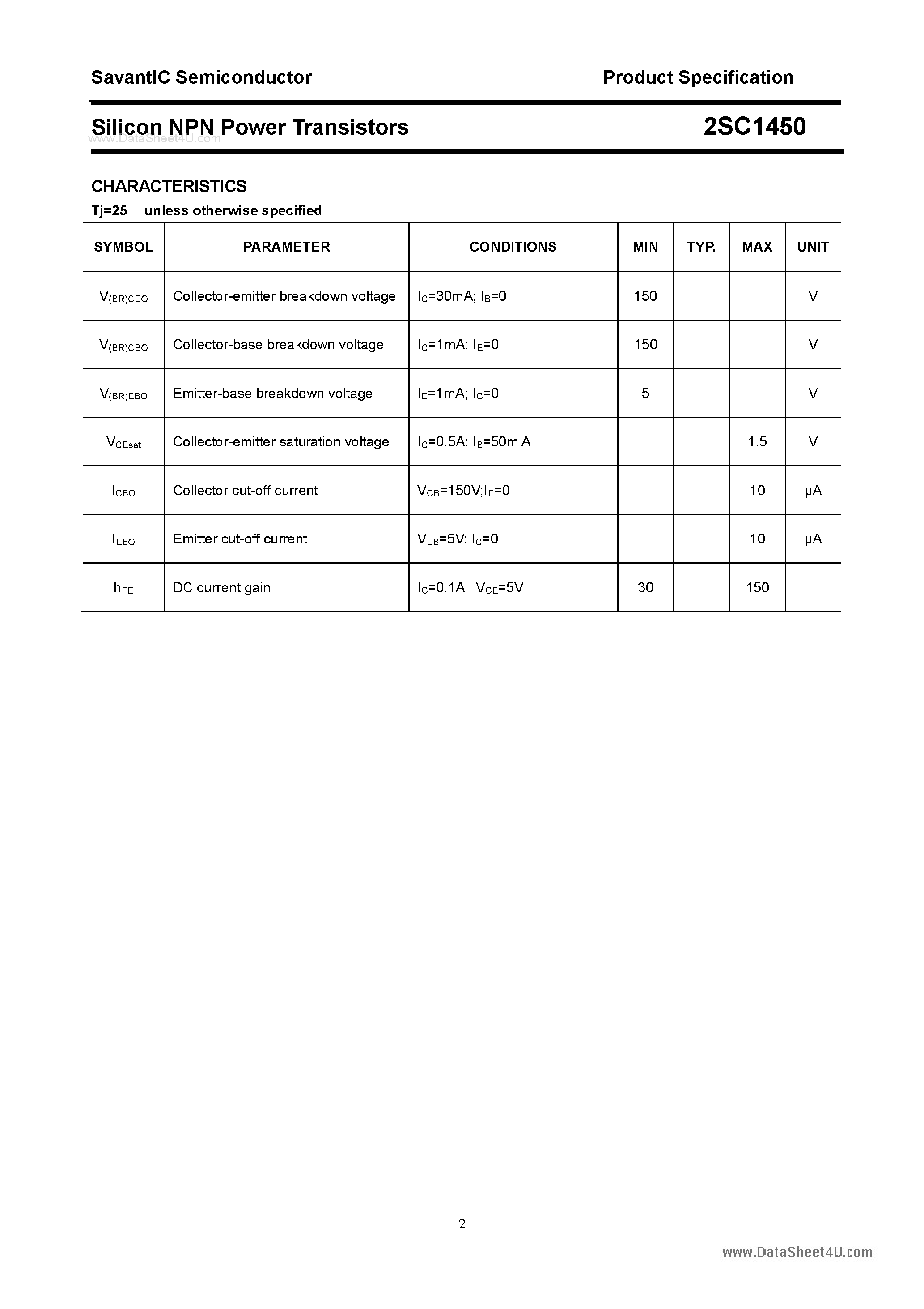 Datasheet 2SC1450 - SILICON POWER TRANSISTOR page 2
