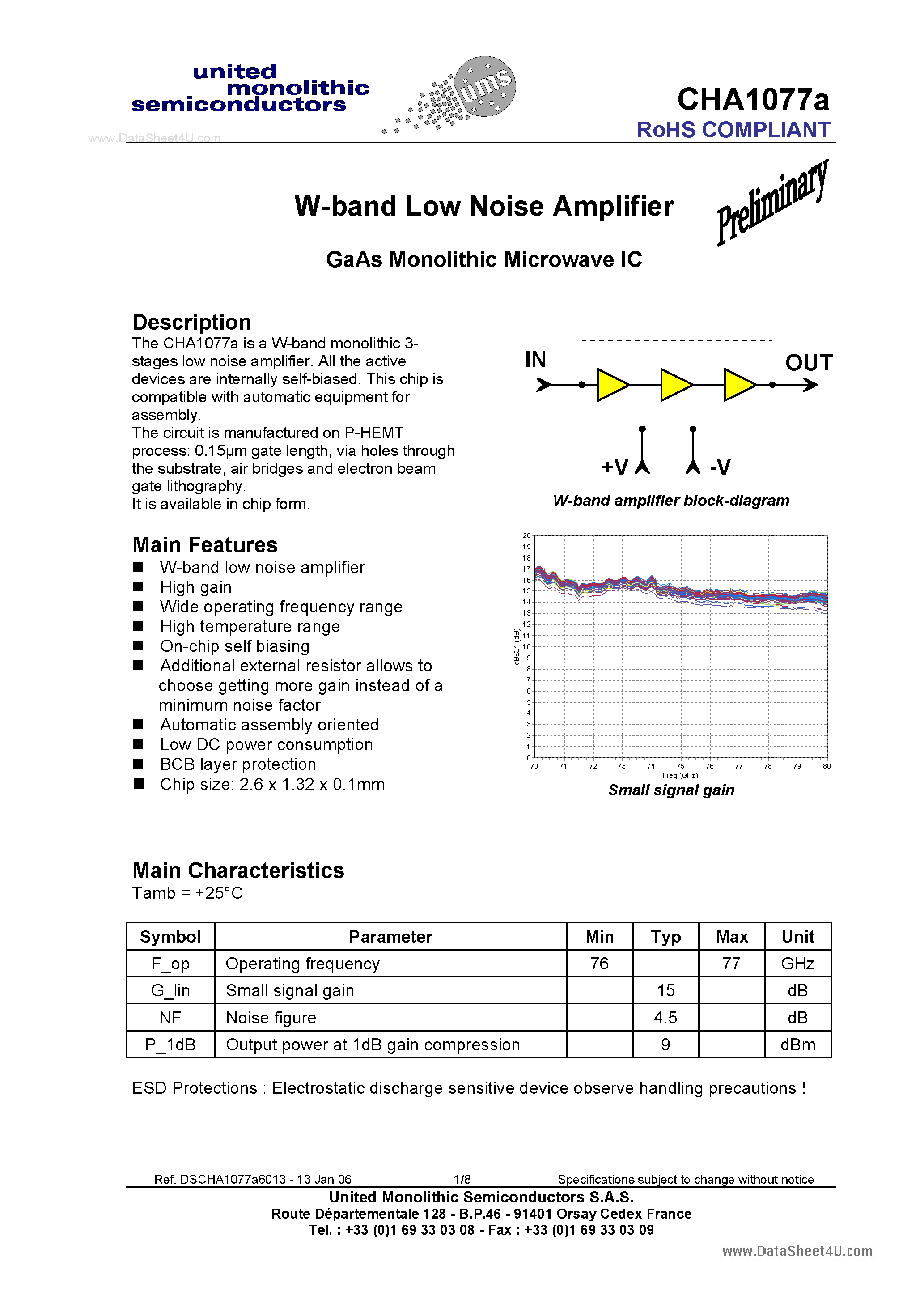 Datasheet CHA1077A - W-band Low Noise Amplifier page 1