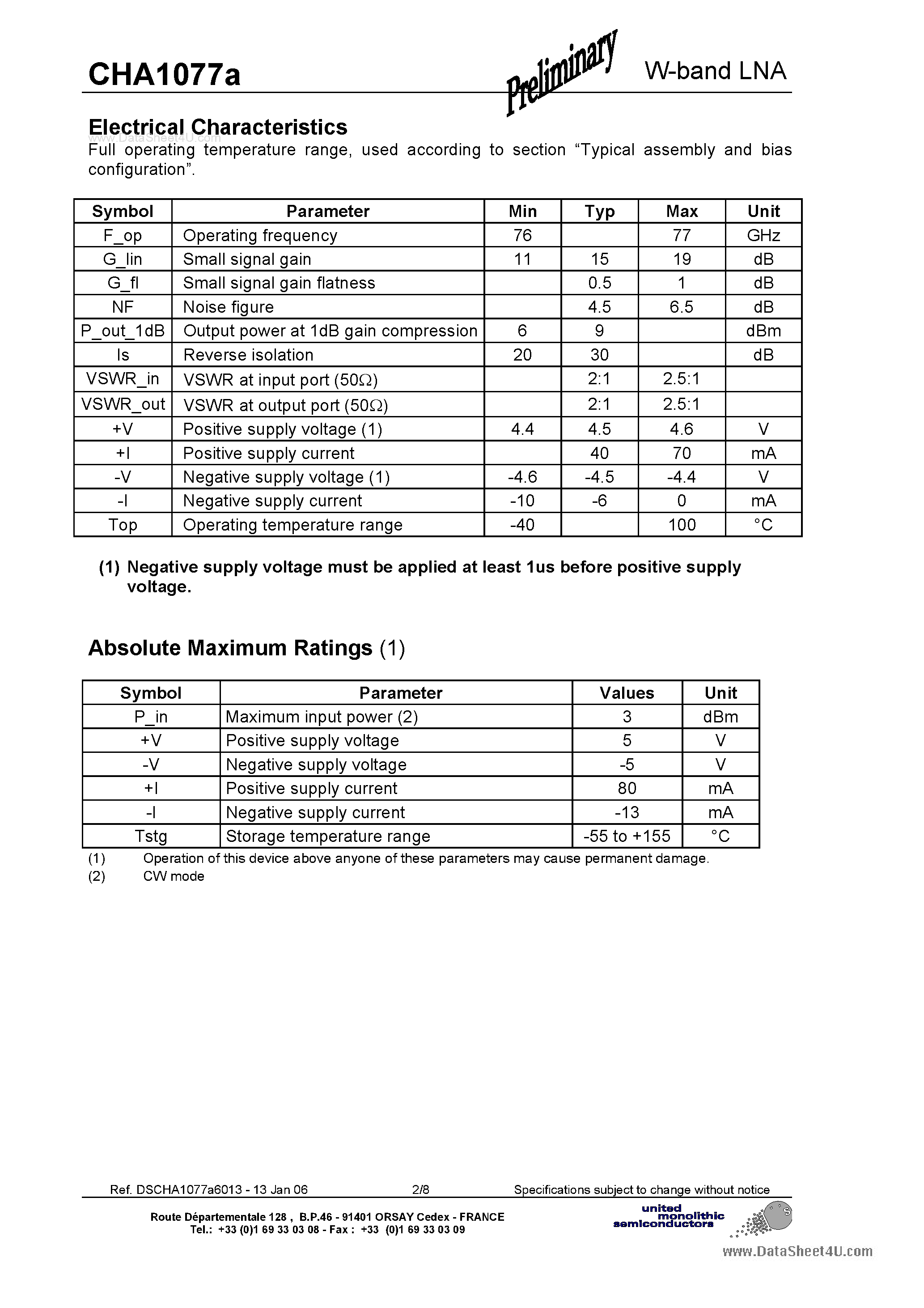 Datasheet CHA1077A - W-band Low Noise Amplifier page 2