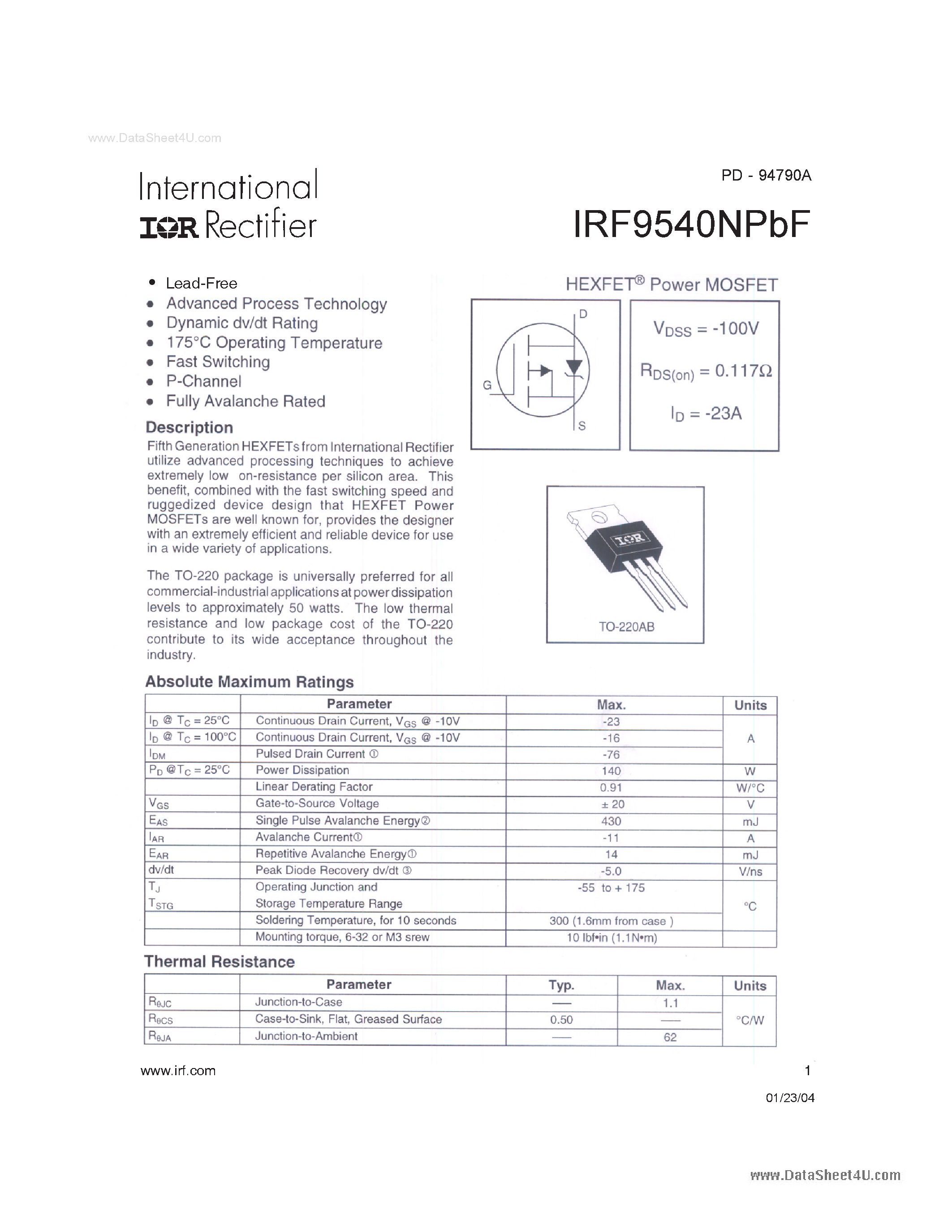 Datasheet IRF9540NPBF - Power MOSFET page 1