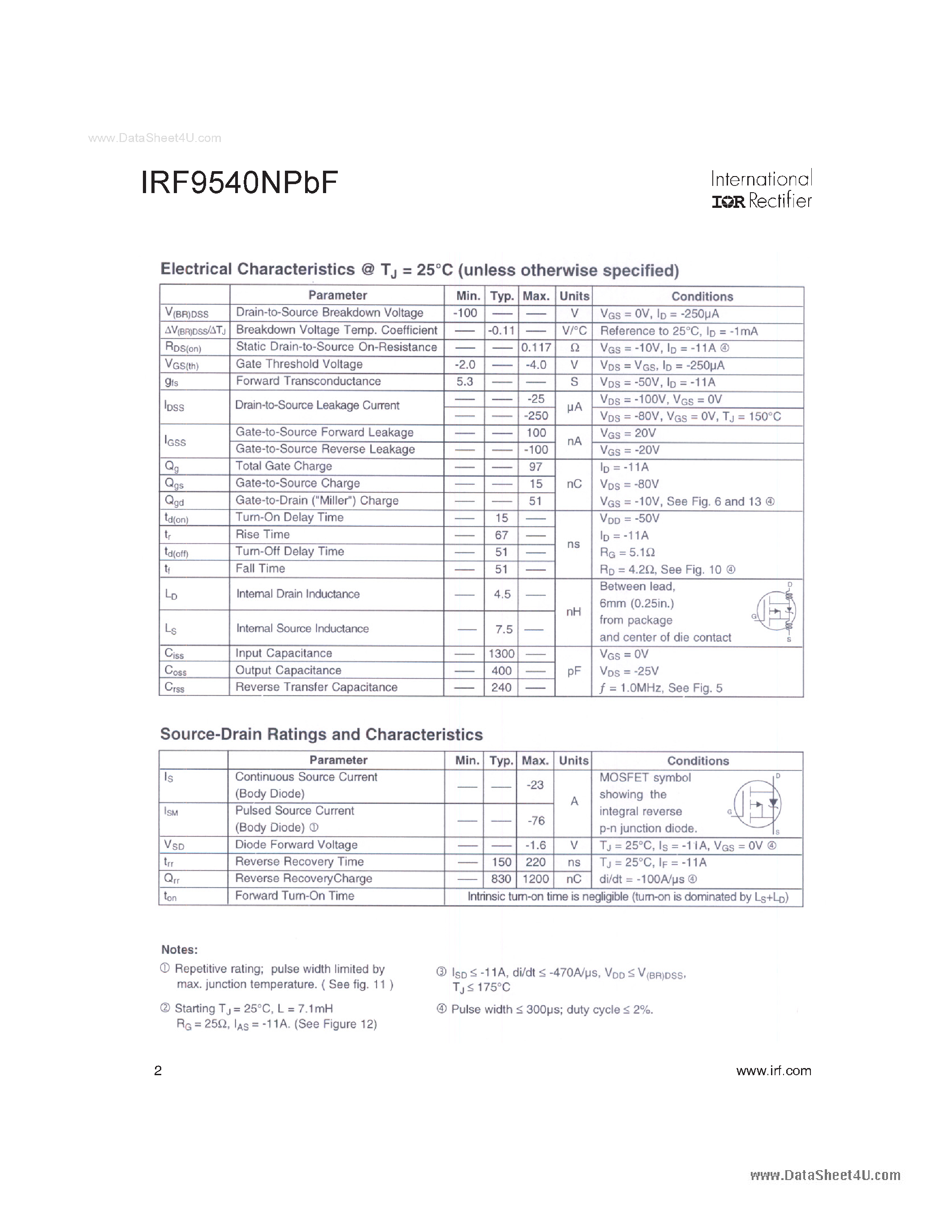 Datasheet IRF9540NPBF - Power MOSFET page 2