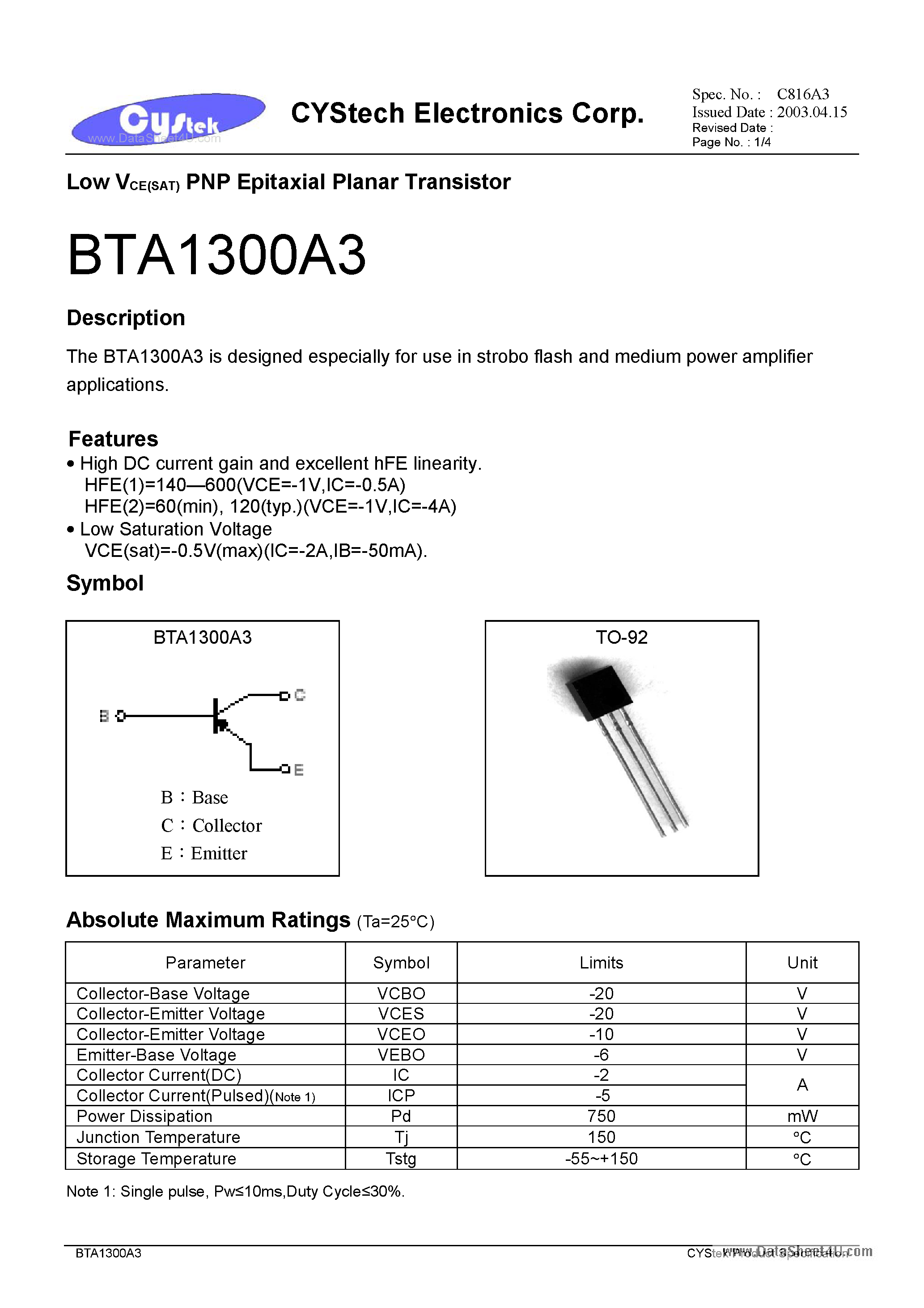 Даташит на микросхему BTA1300A3 страница 1 Даташит BTA1300A3 - Low VCE(SAT) PNP Epitaxial Planar Transistor страница 1