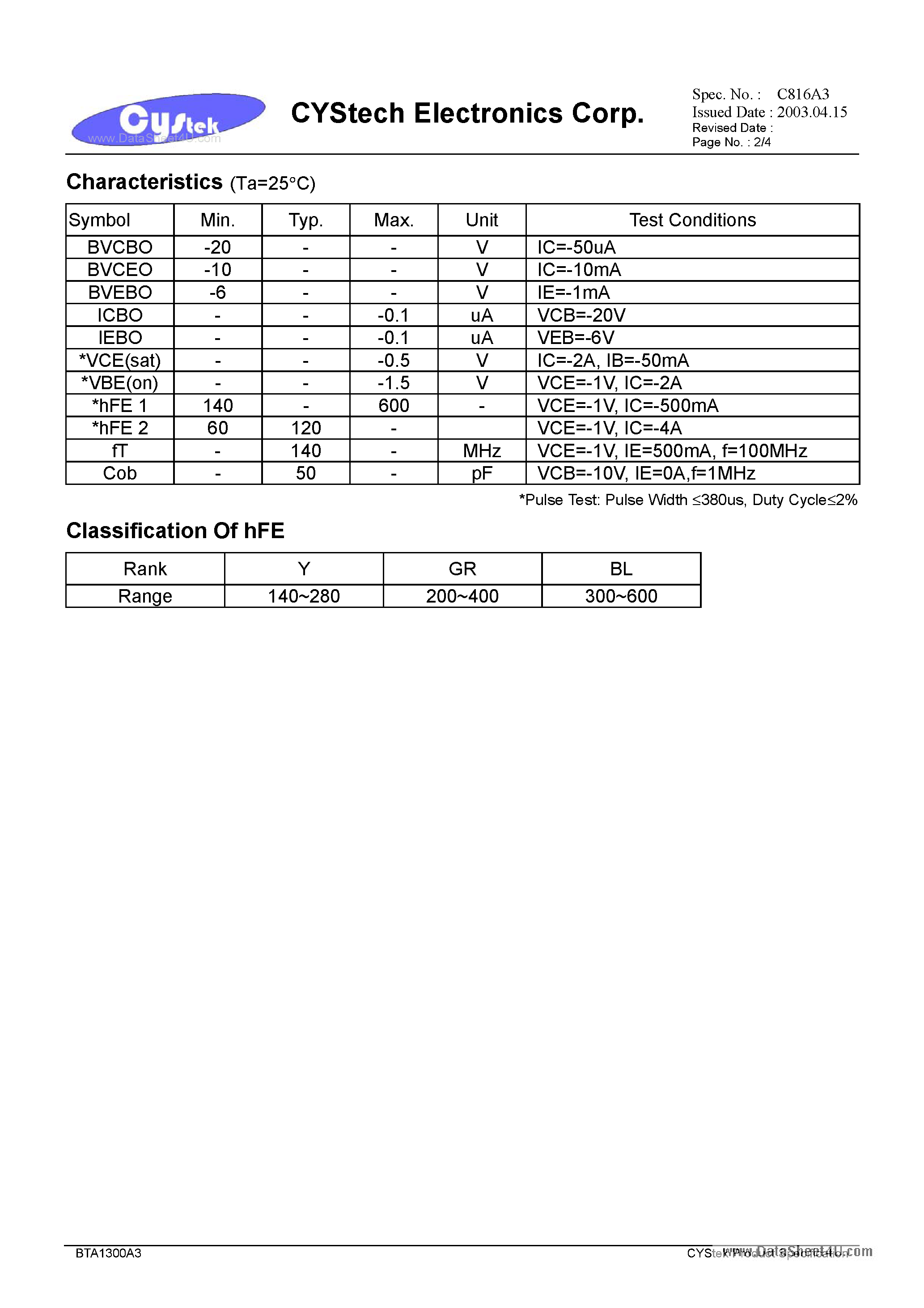 Даташит на микросхему BTA1300A3 страница 2 Даташит BTA1300A3 - Low VCE(SAT) PNP Epitaxial Planar Transistor страница 2