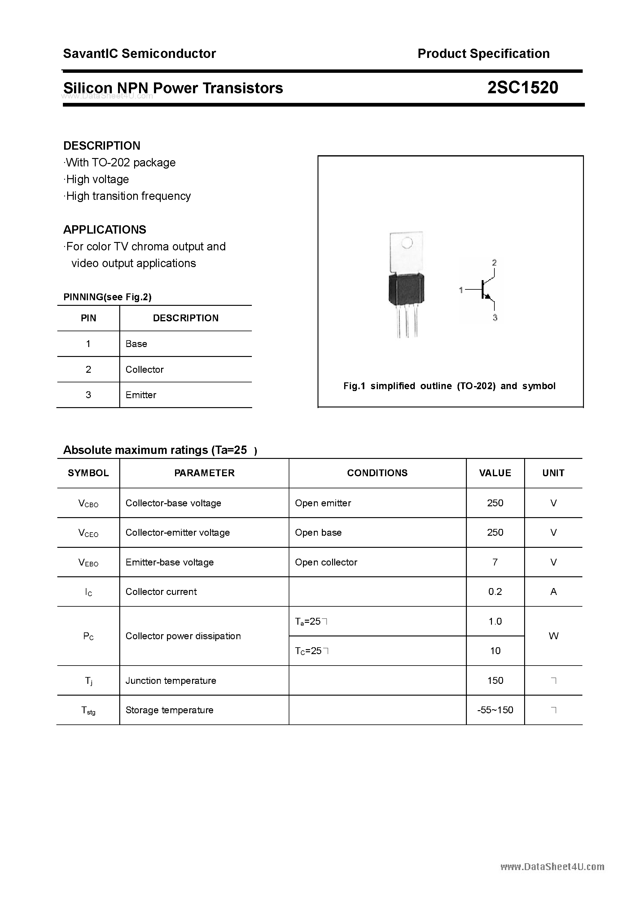 Datasheet 2SC1520 - SILICON POWER TRANSISTOR page 1