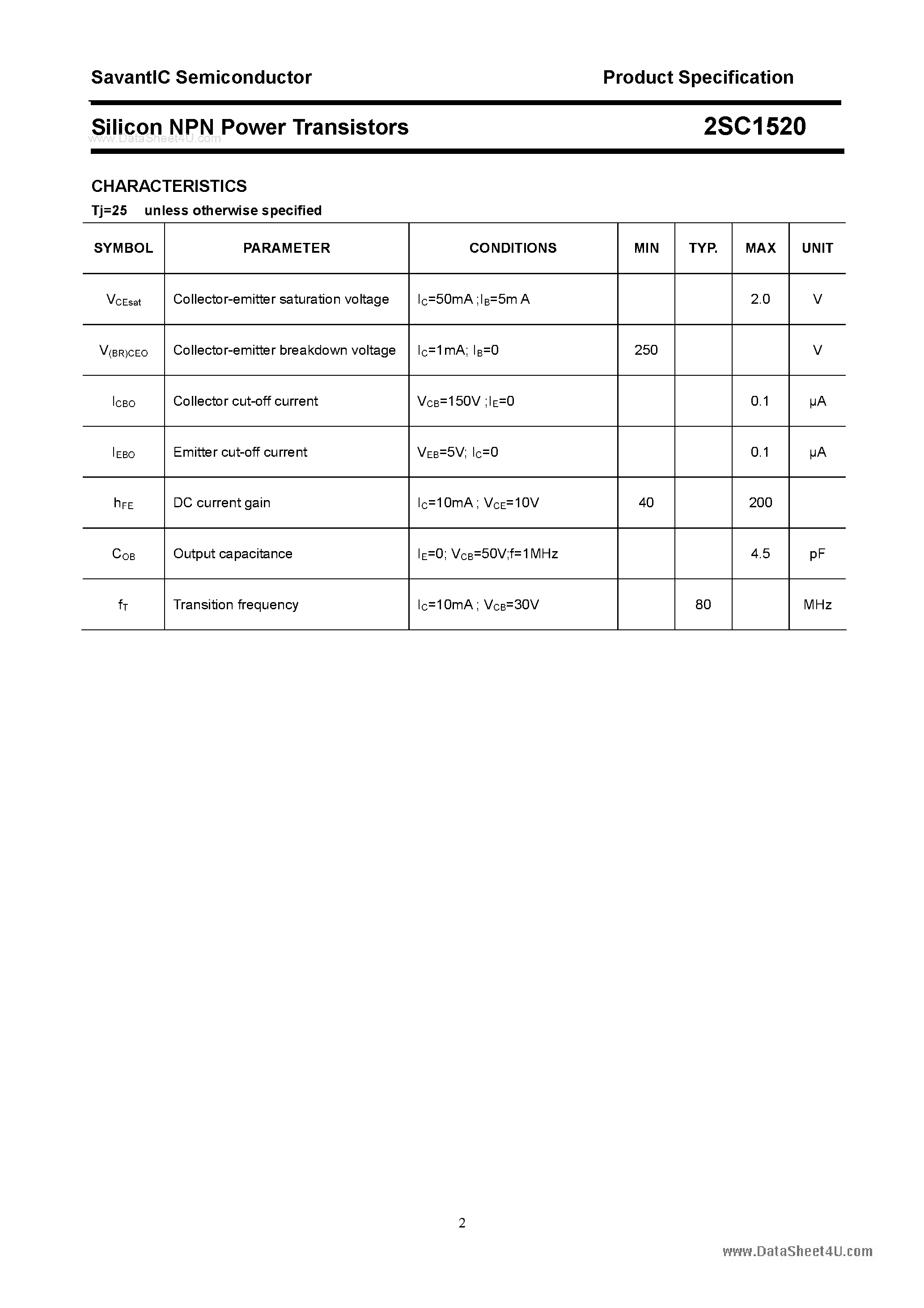 Datasheet 2SC1520 - SILICON POWER TRANSISTOR page 2