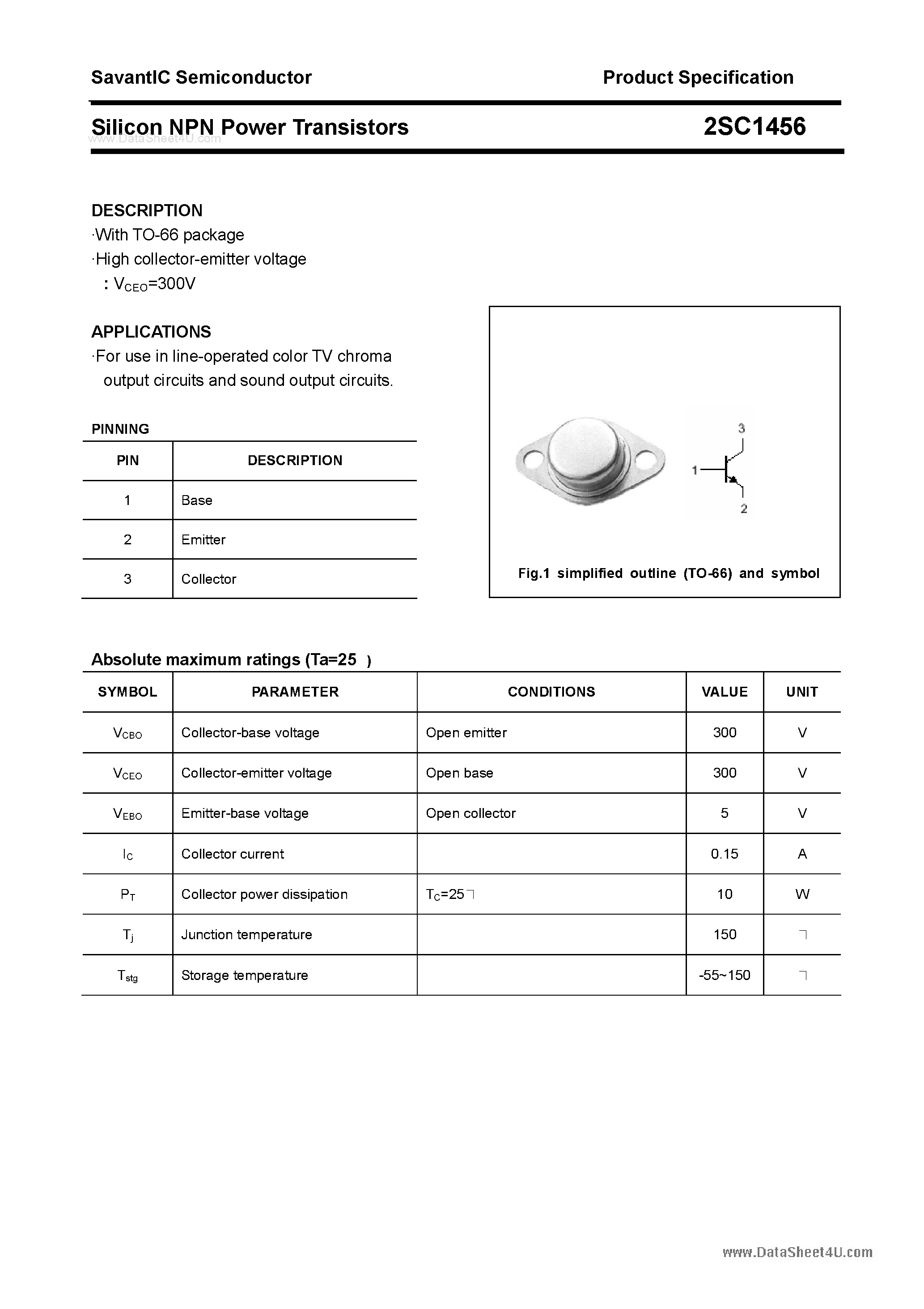 Datasheet 2SC1456 - SILICON POWER TRANSISTOR page 1