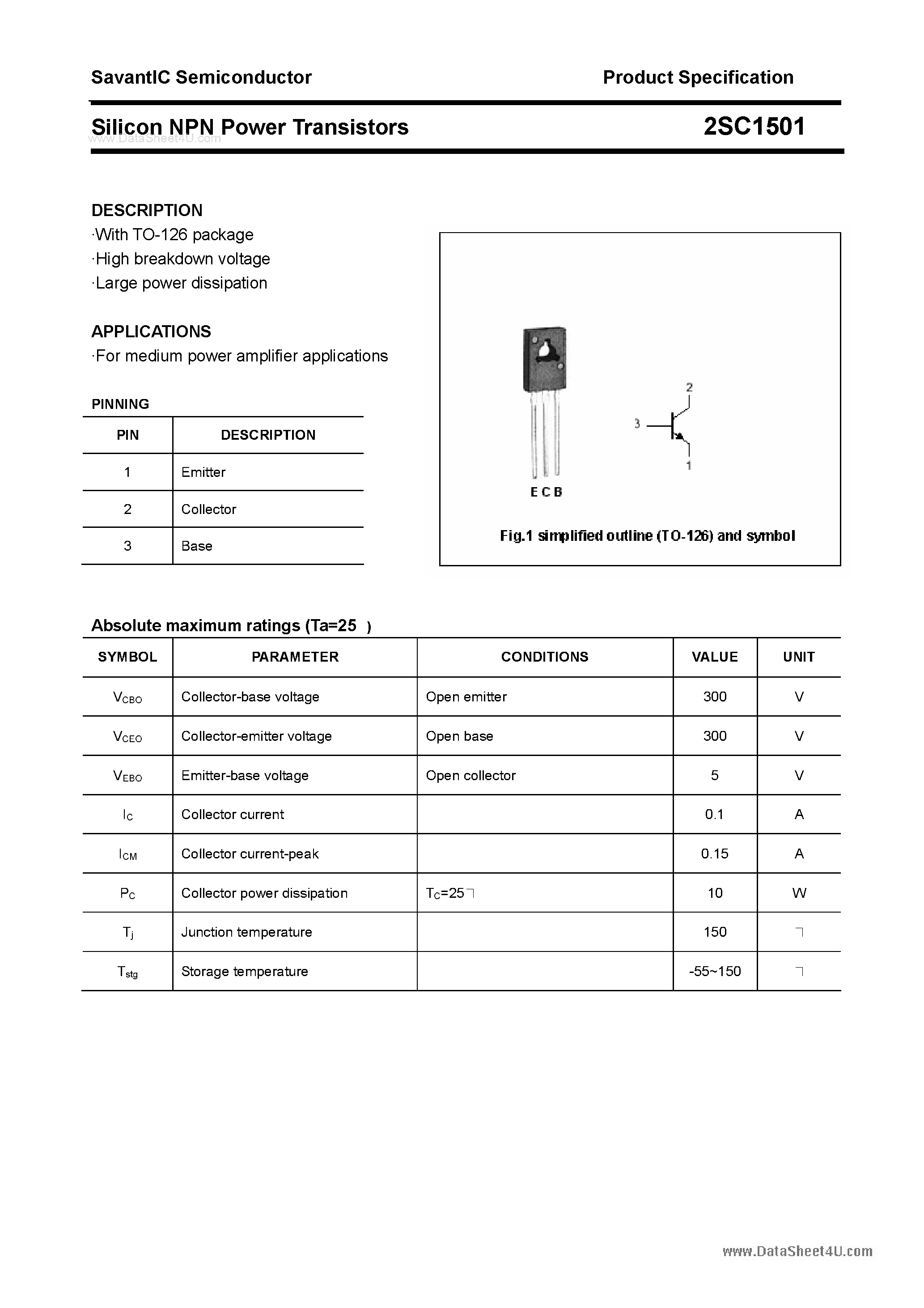 Datasheet 2SC1501 - SILICON POWER TRANSISTOR page 1