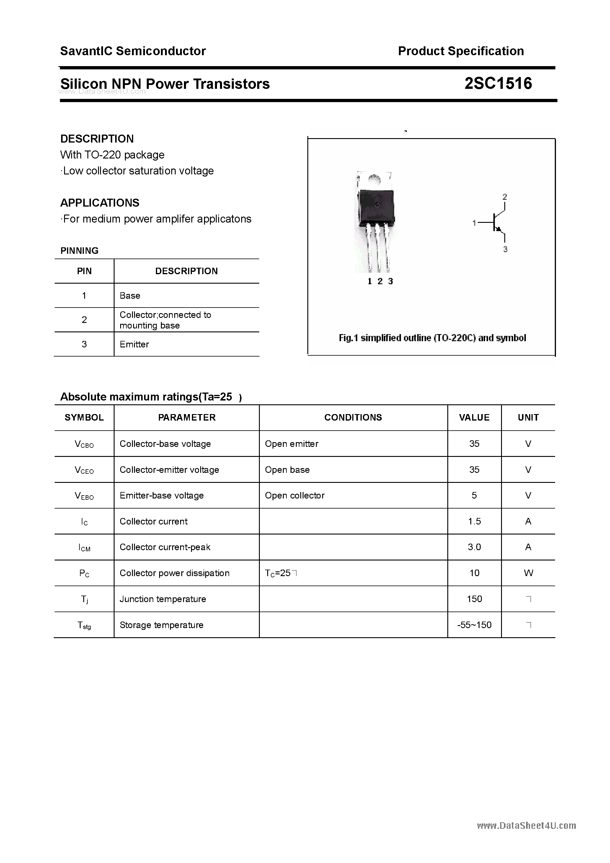 Datasheet 2SC1516 - SILICON POWER TRANSISTOR page 1