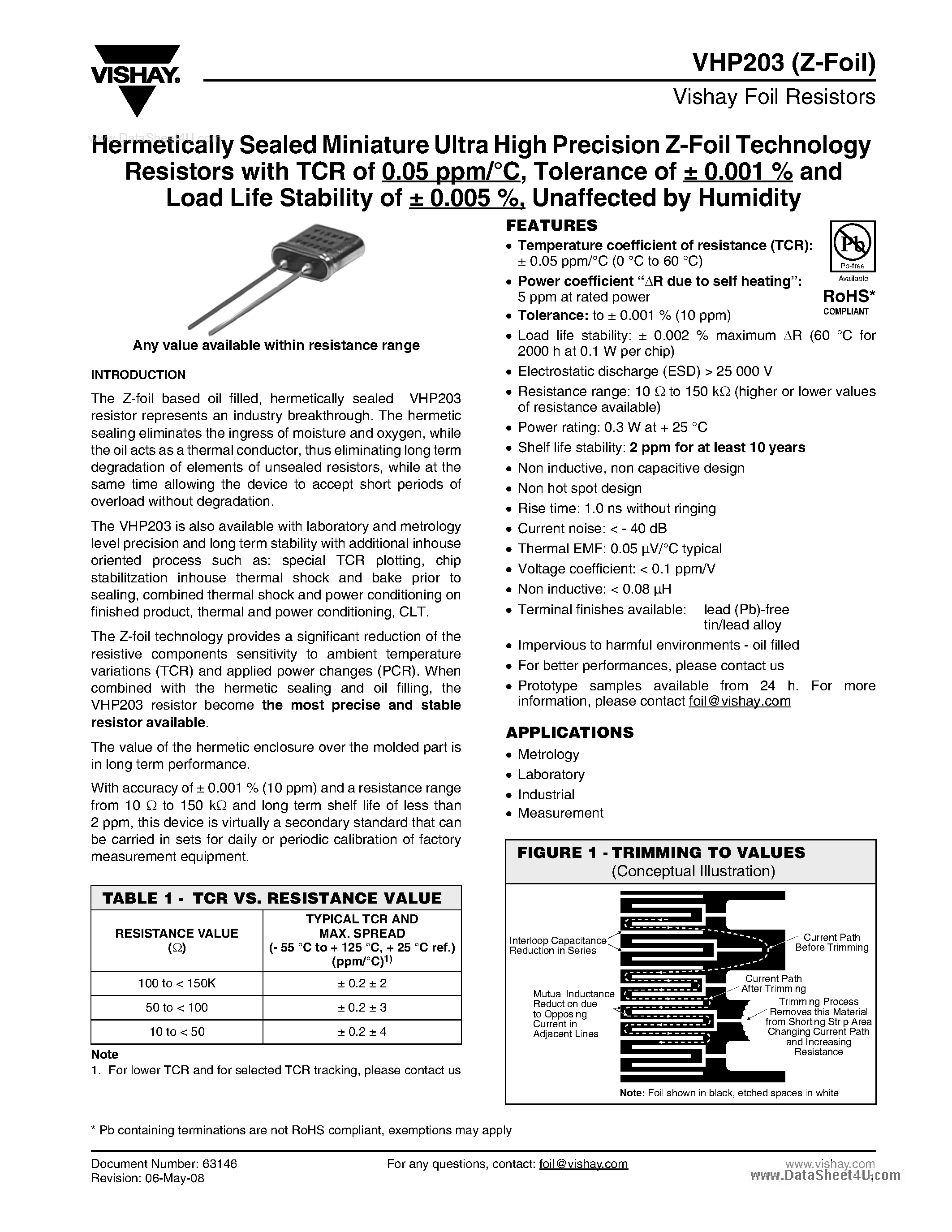 Datasheet VHP203 page 1 Datasheet VHP203 - Hermetically Sealed Miniature Ultra High Precision Z-Foil Technology page 1