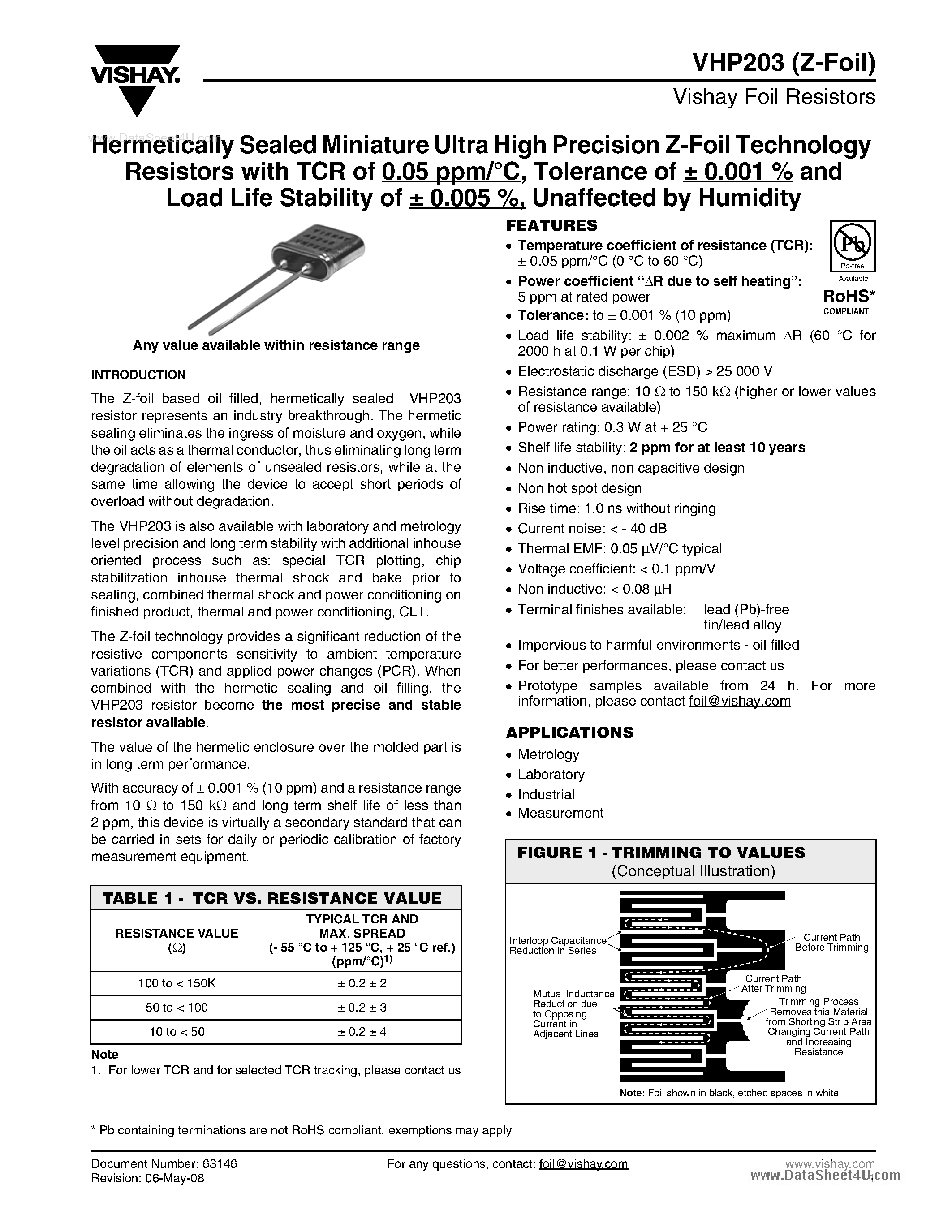 Даташит VHP203 - Hermetically Sealed Miniature Ultra High Precision Z-Foil Technology страница 1