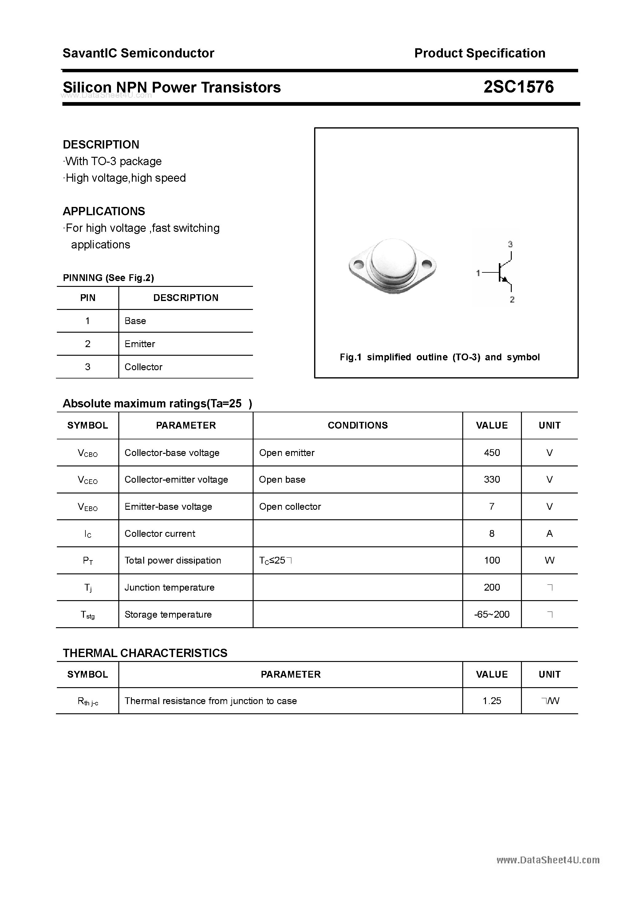 Даташит 2SC1576 - SILICON POWER TRANSISTOR страница 1