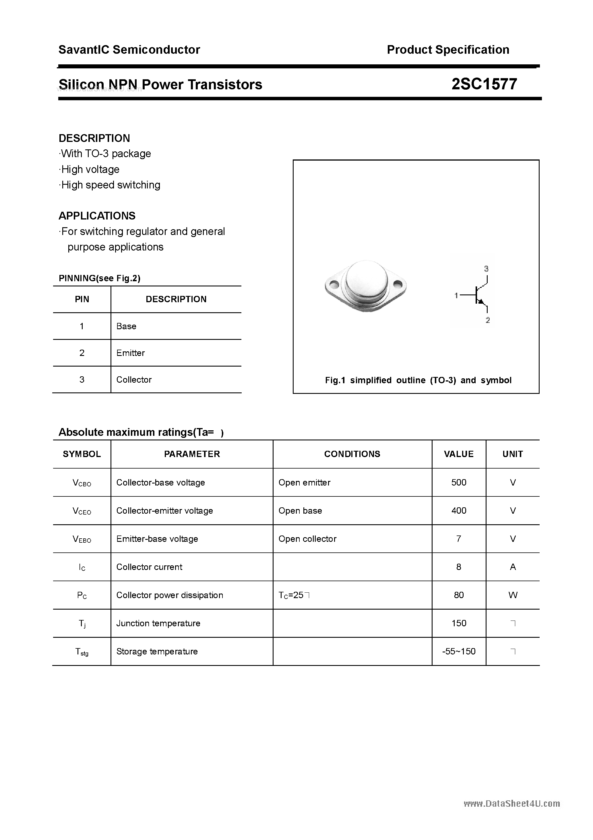 Datasheet 2SC1577 - SILICON POWER TRANSISTOR page 1