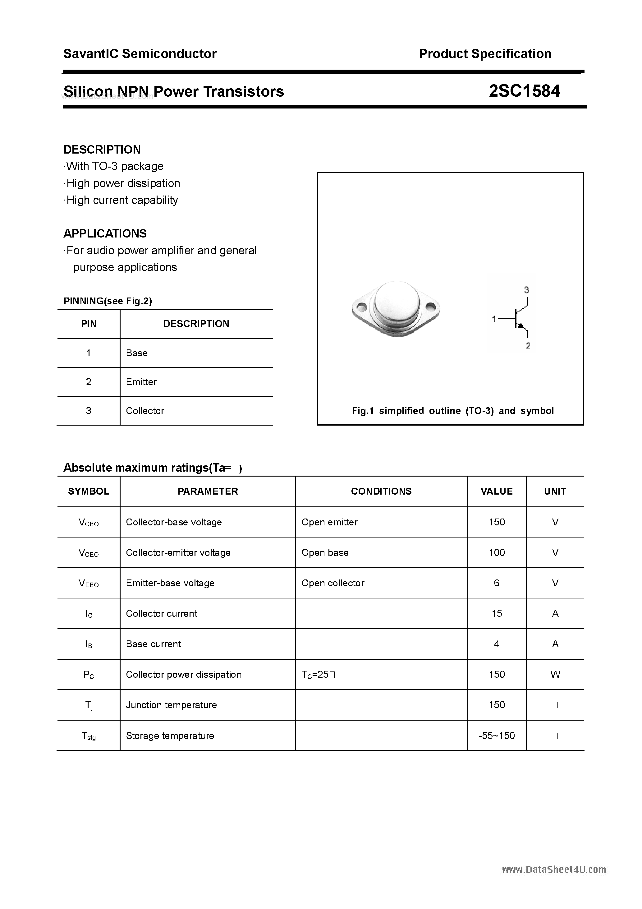 Даташит 2SC1584 - SILICON POWER TRANSISTOR страница 1