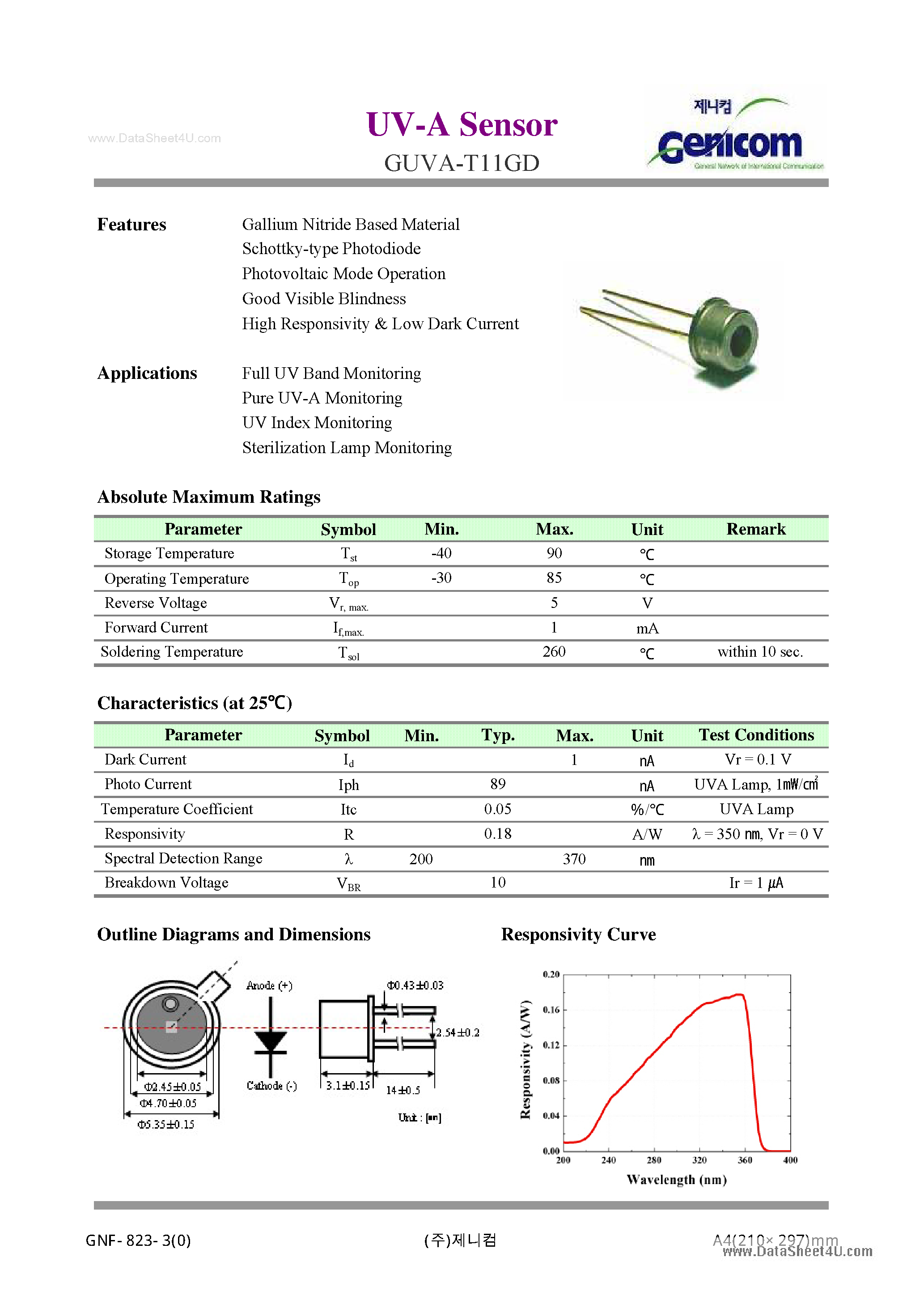 Datasheet GUVA-T11GD - UV-A Sensor page 1