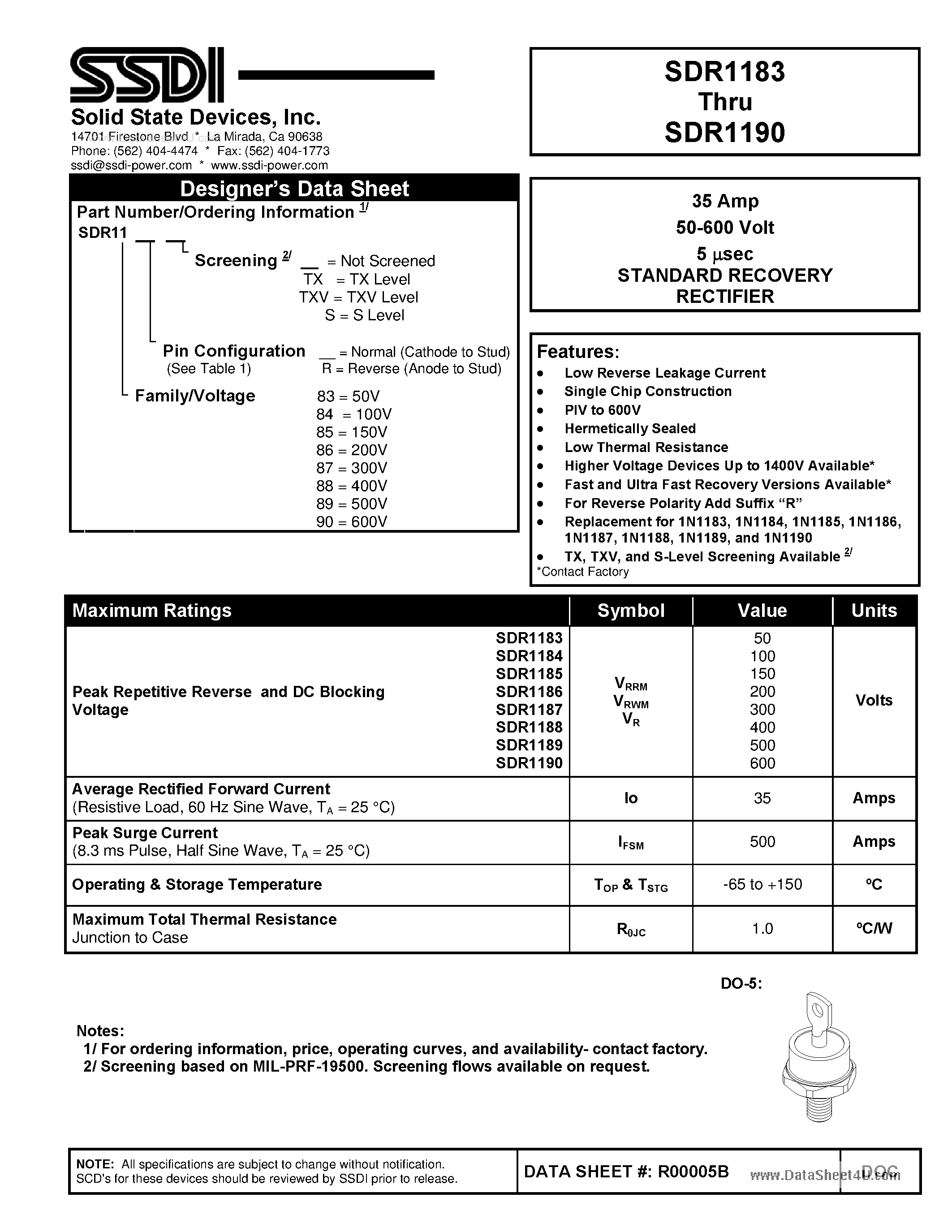 Datasheet SDR1183 - (SDR1183 - SDR1190) 35 Amp 50-600 Volt 5 nsec STANDARD RECOVERY RECTIFIER page 1