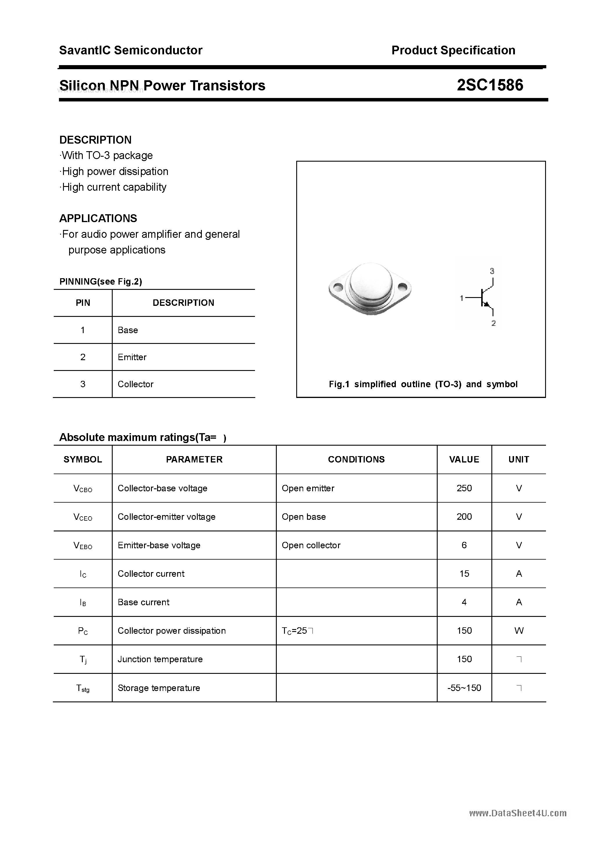 Datasheet 2SC1586 - SILICON POWER TRANSISTOR page 1