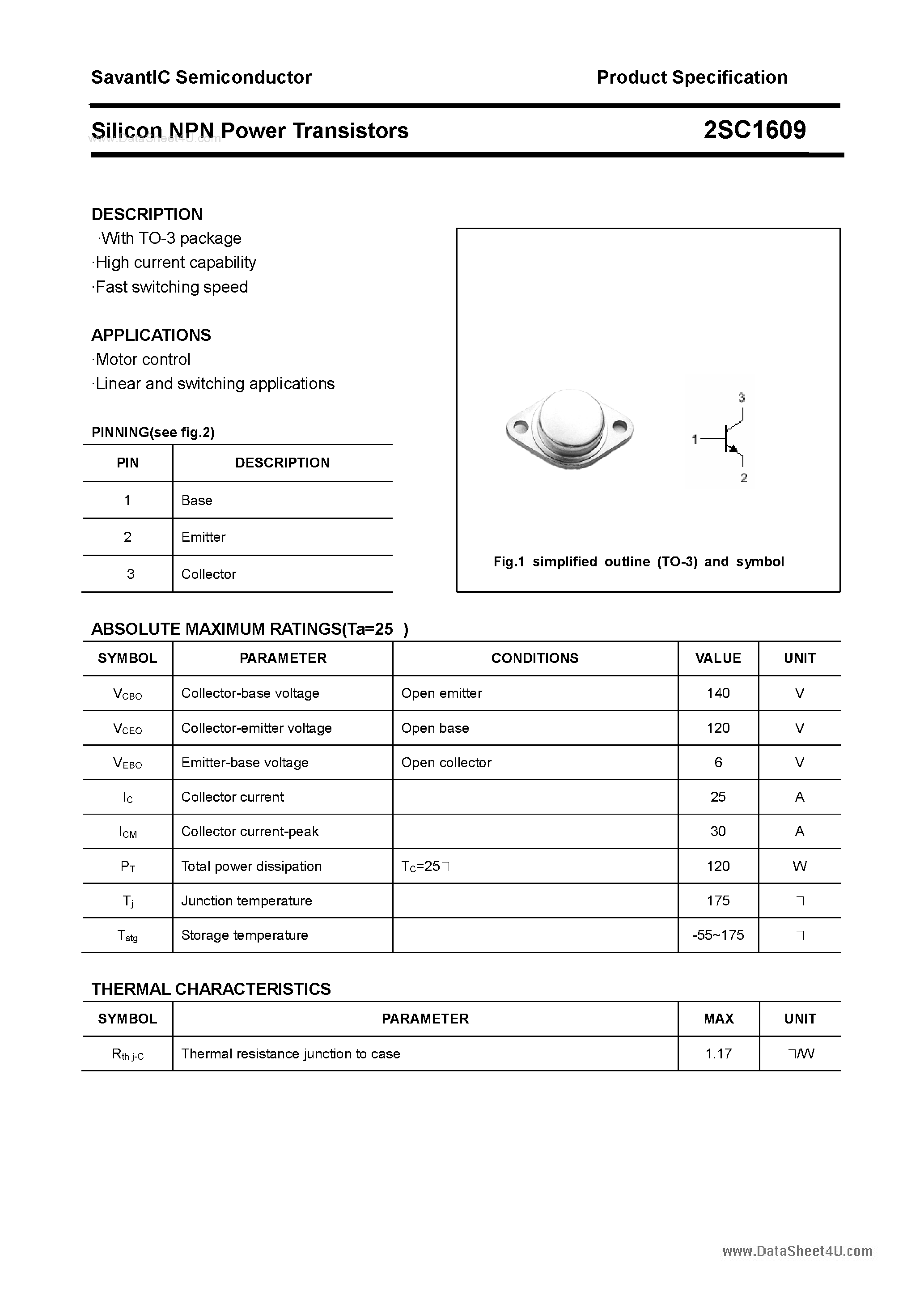 Datasheet 2SC1609 - SILICON POWER TRANSISTOR page 1