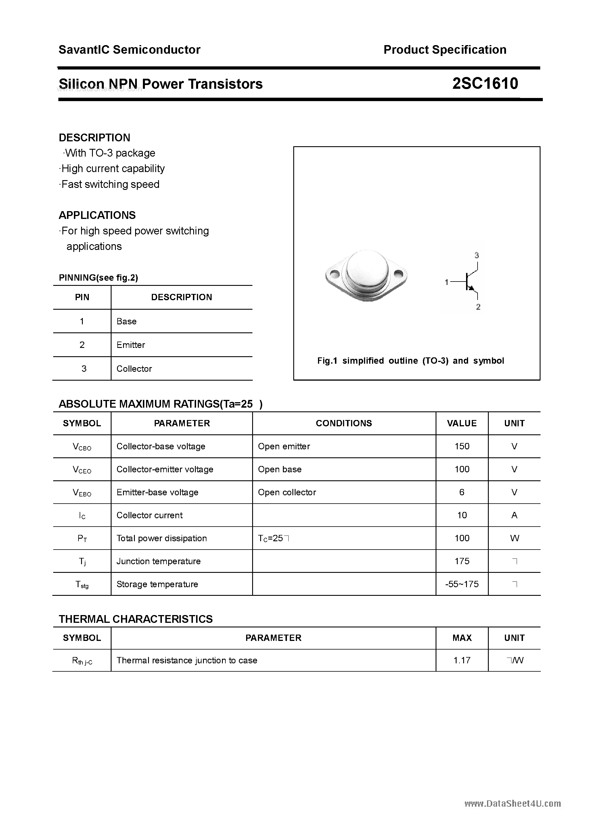 Datasheet 2SC1610 - SILICON POWER TRANSISTOR page 1