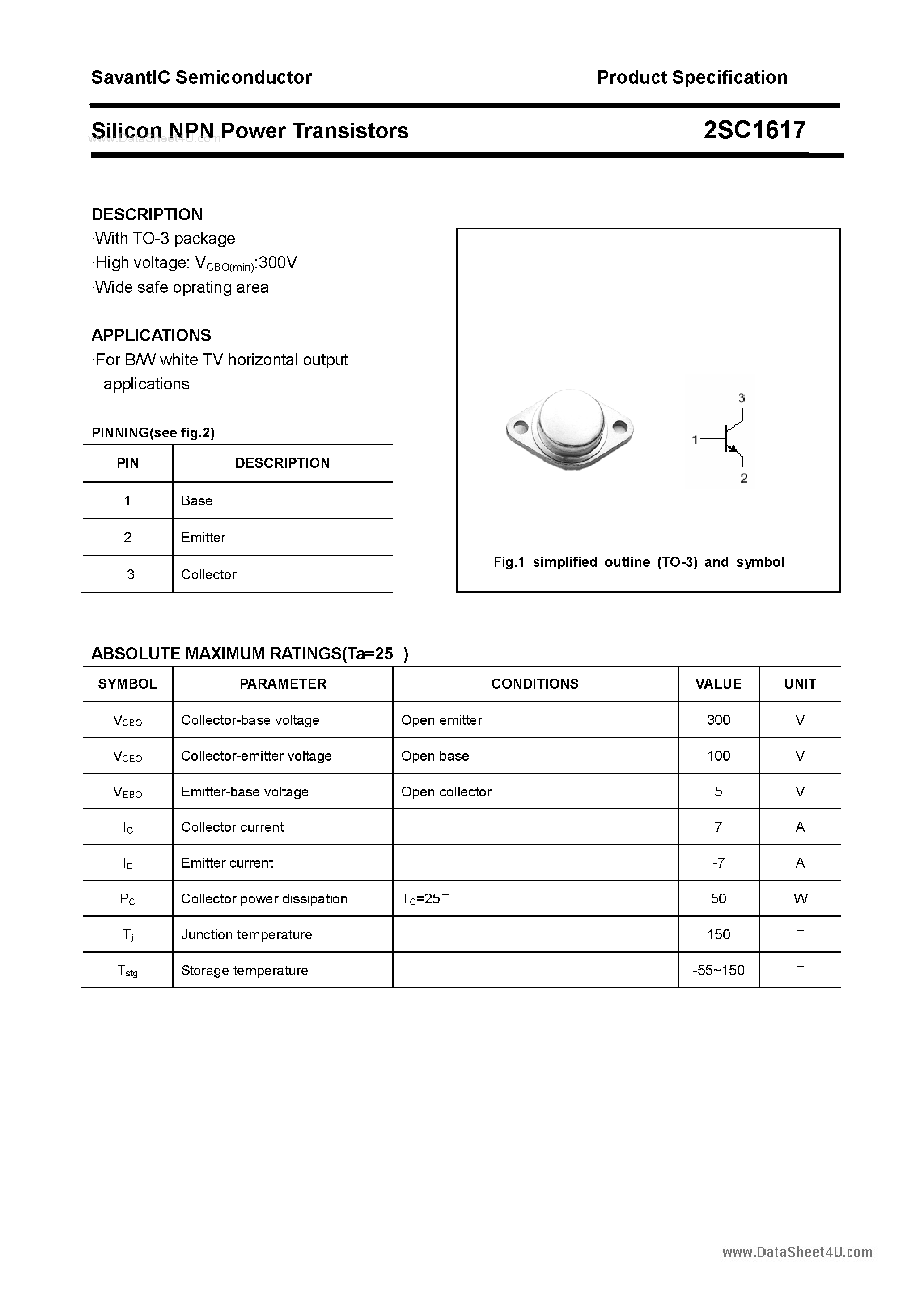 Datasheet 2SC1617 - SILICON POWER TRANSISTOR page 1