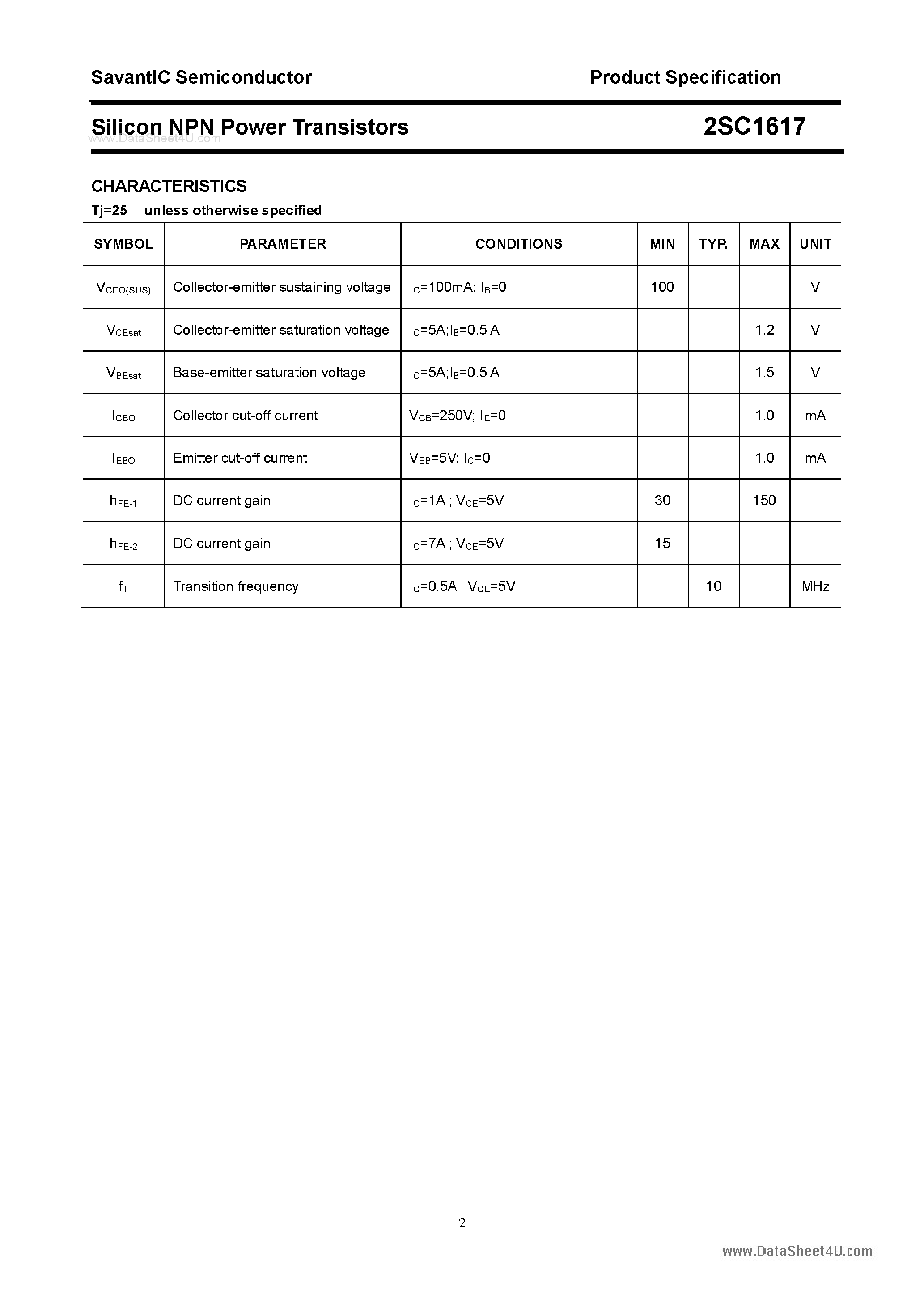 Datasheet 2SC1617 - SILICON POWER TRANSISTOR page 2