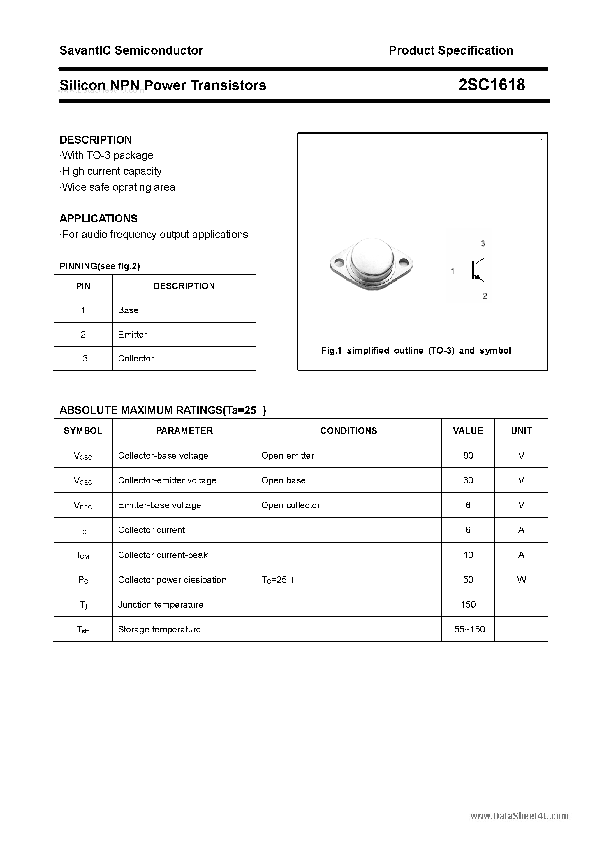 Datasheet 2SC1618 - SILICON POWER TRANSISTOR page 1