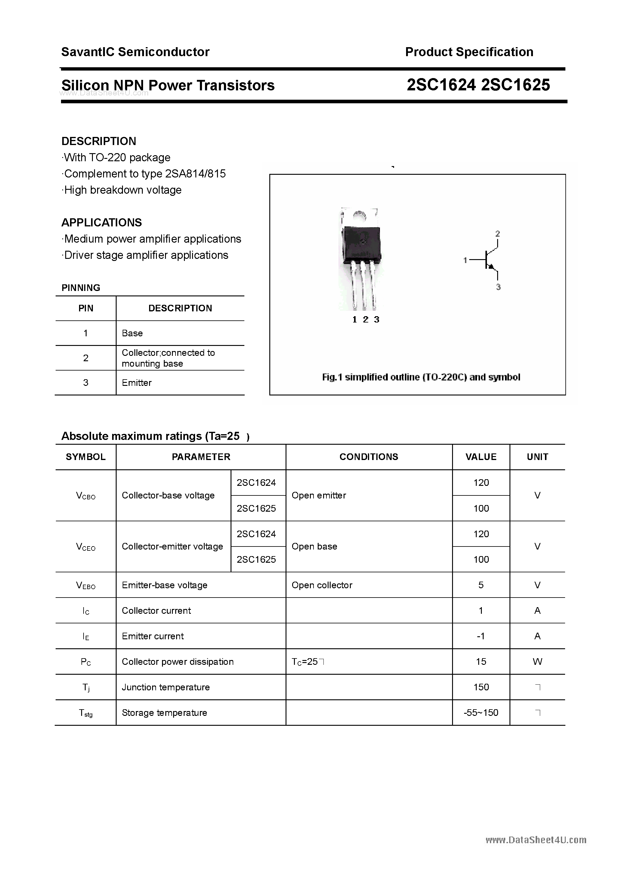 Даташит на микросхему 2SC1624 страница 1 Даташит 2SC1624 - (2SC1624 / 2SC1625) SILICON POWER TRANSISTOR страница 1