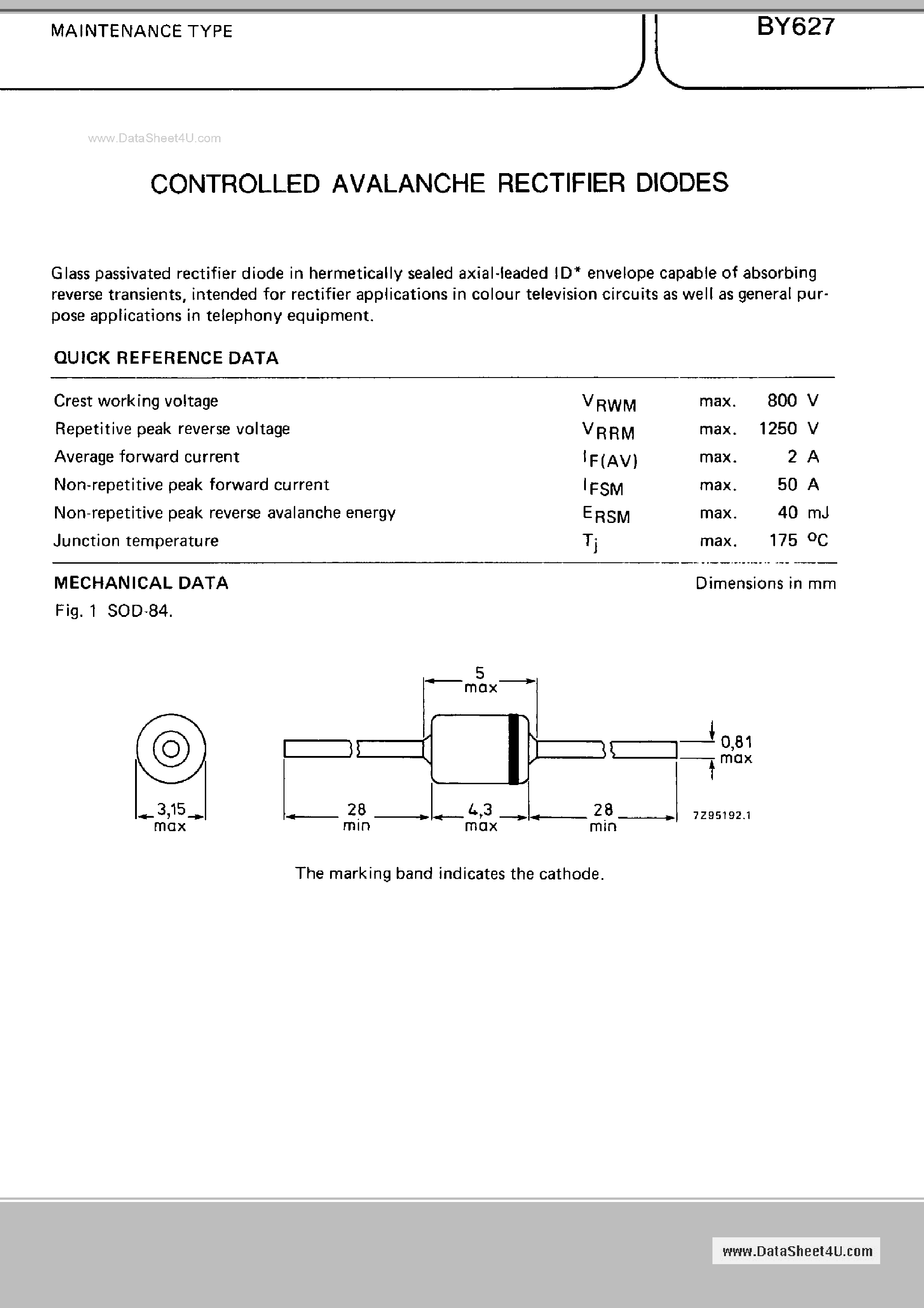 Datasheet BY627 - Controlled Avalanche Rectifier Diodes page 1