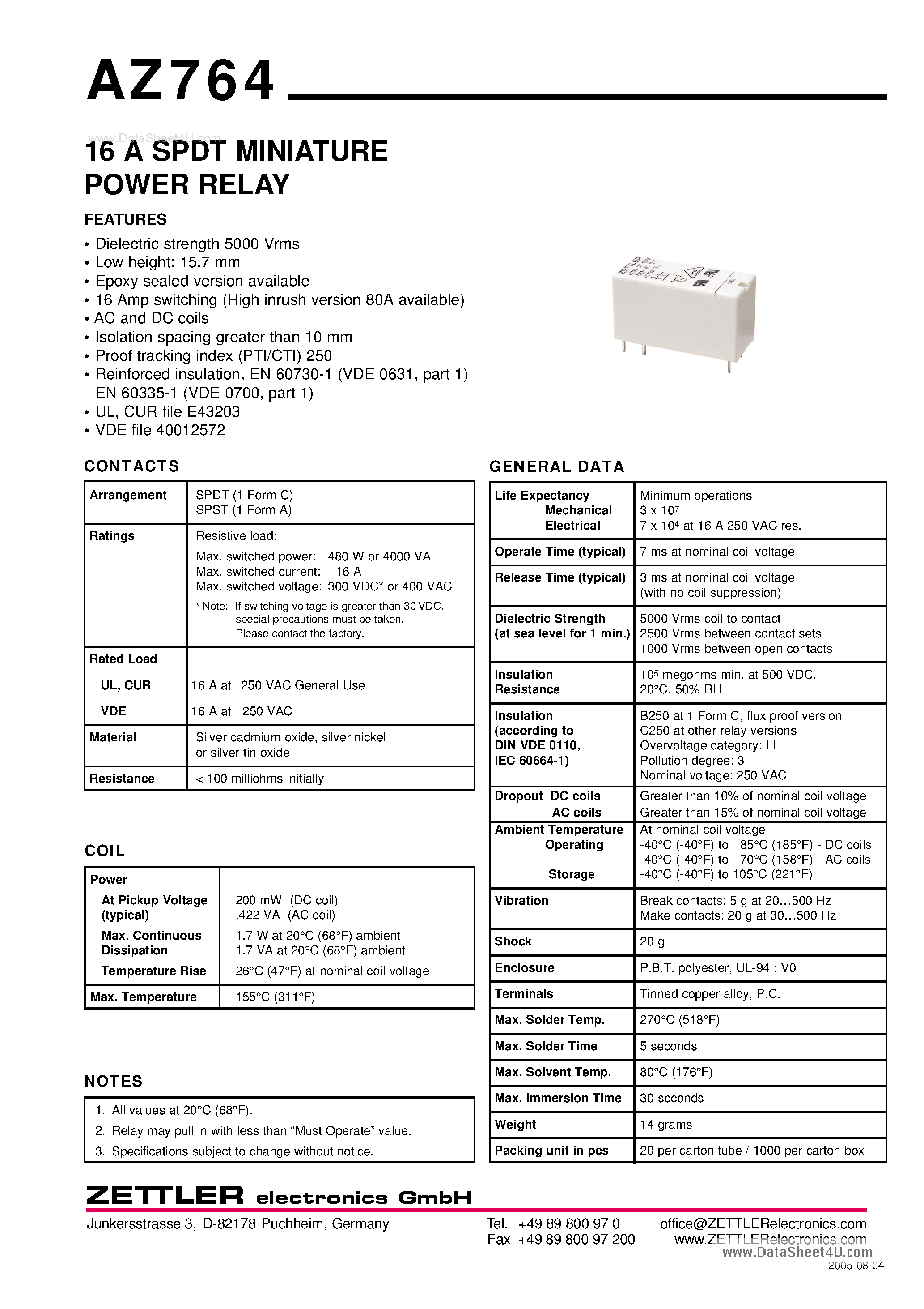 Даташит AZ764 - 16A SPDT MINIATURE POWER RELAY страница 1