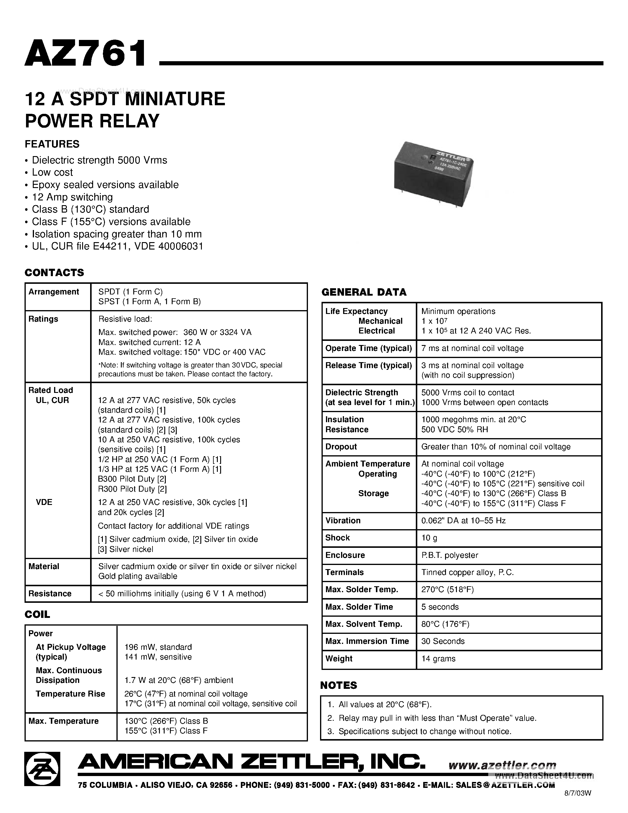 Datasheet AZ761 page 1 Datasheet AZ761 - 12A SPDT Minuature Power Relay page 1