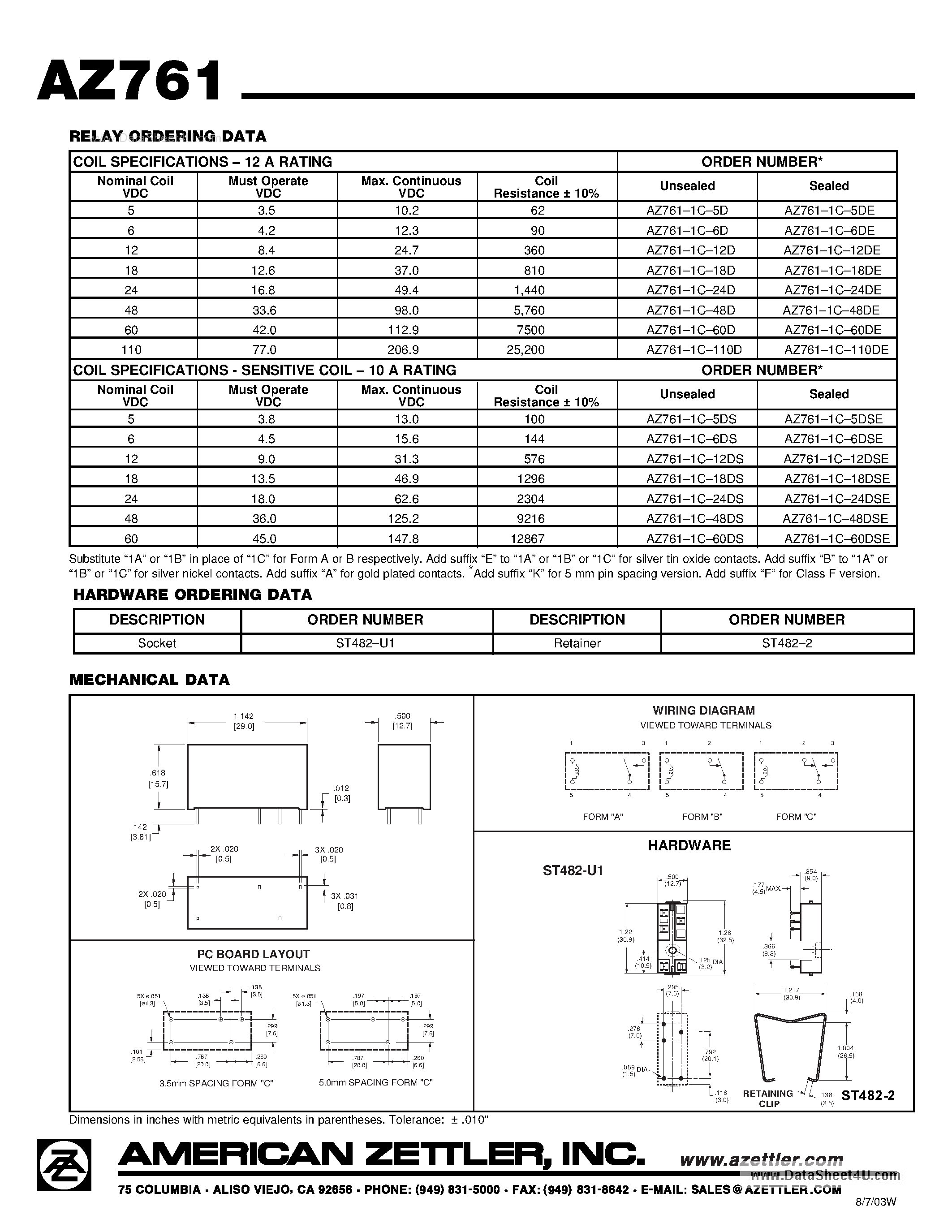 Datasheet AZ761 page 2 Datasheet AZ761 - 12A SPDT Minuature Power Relay page 2