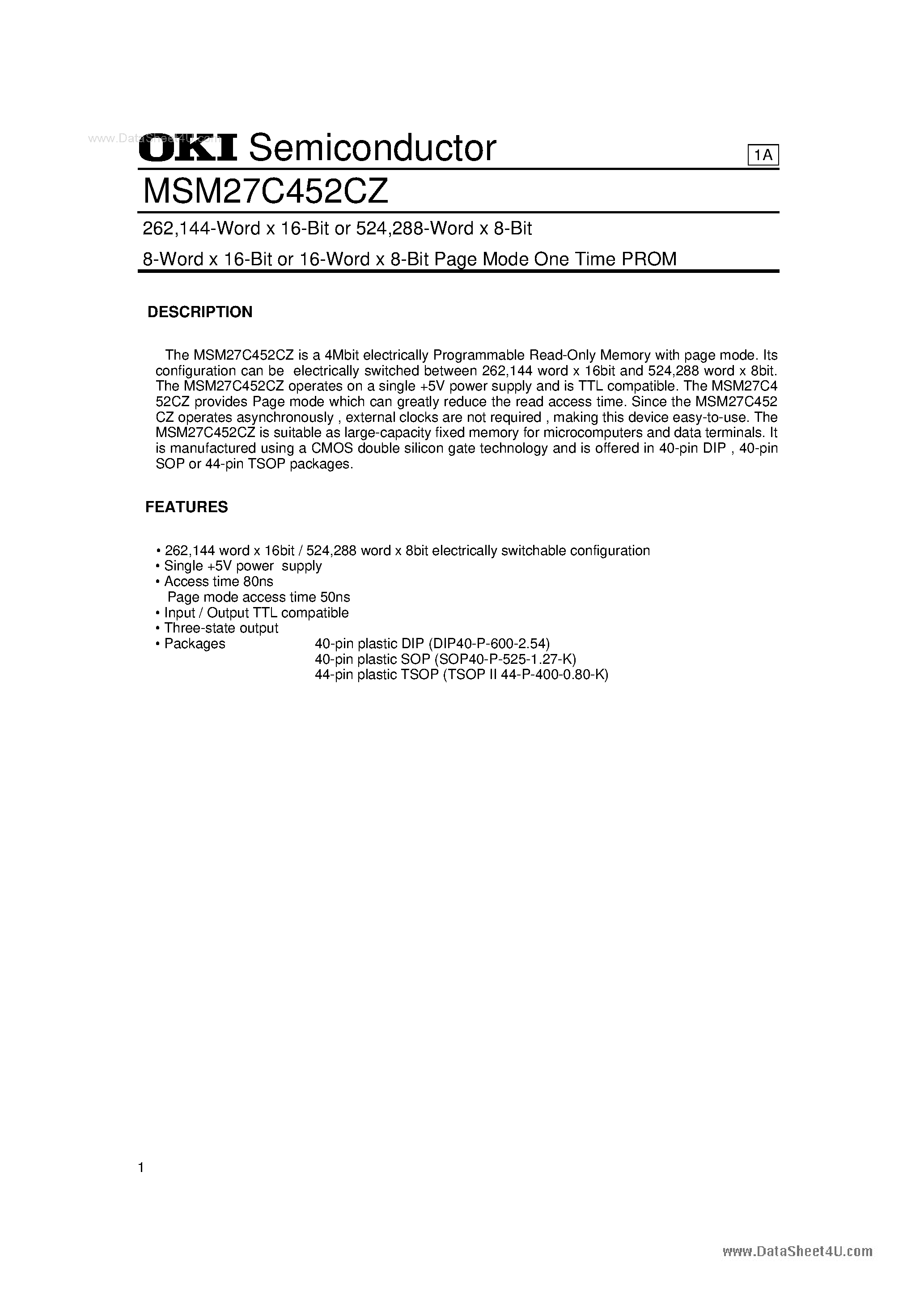 Datasheet M27C452CZ page 1 Datasheet M27C452CZ - Search -----> MSM27C452CZ page 1